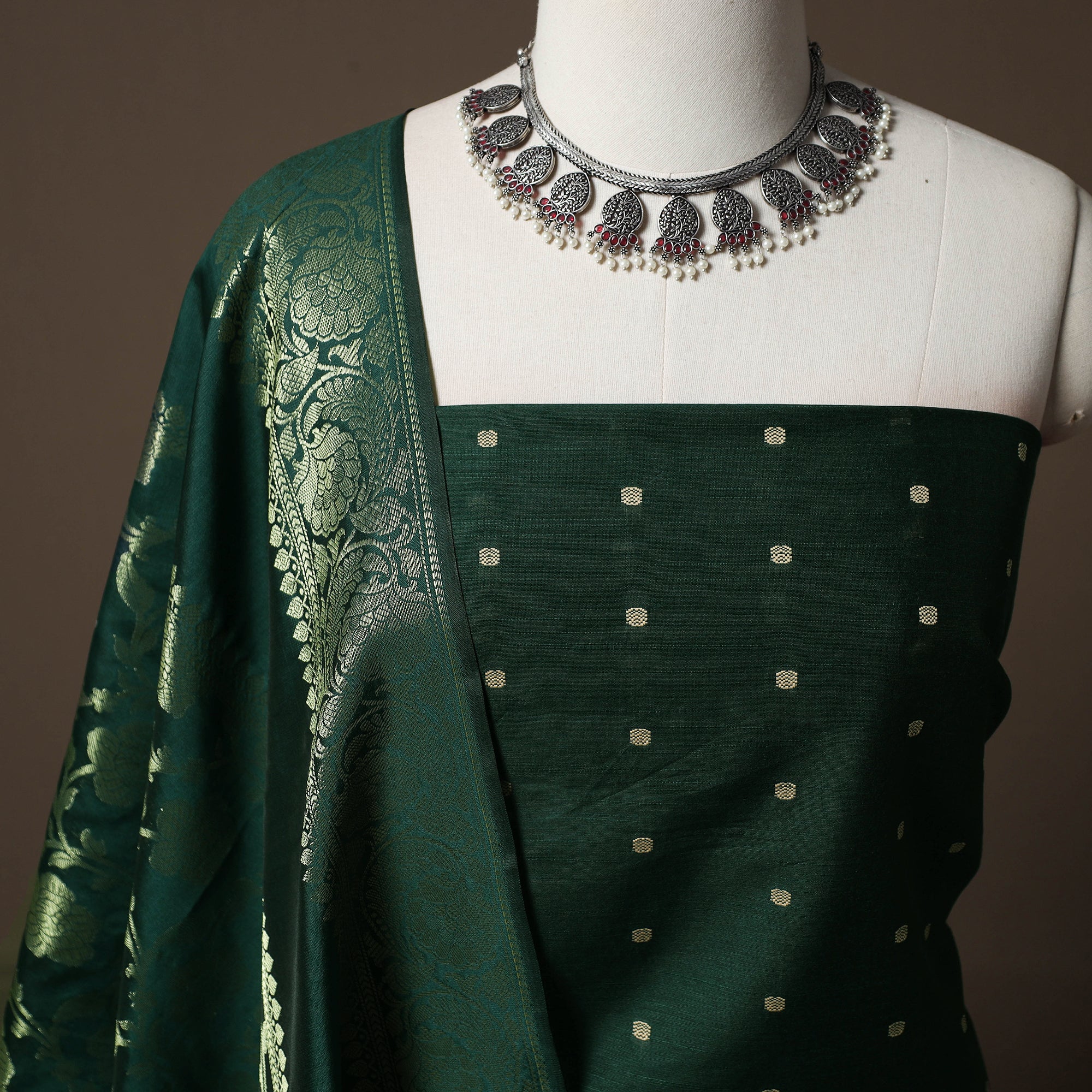 Green - Spun Dupion Viscose Silk Buti 2pc Unstitched Dress Material Kurta Set with Earrings 08 - Image 3