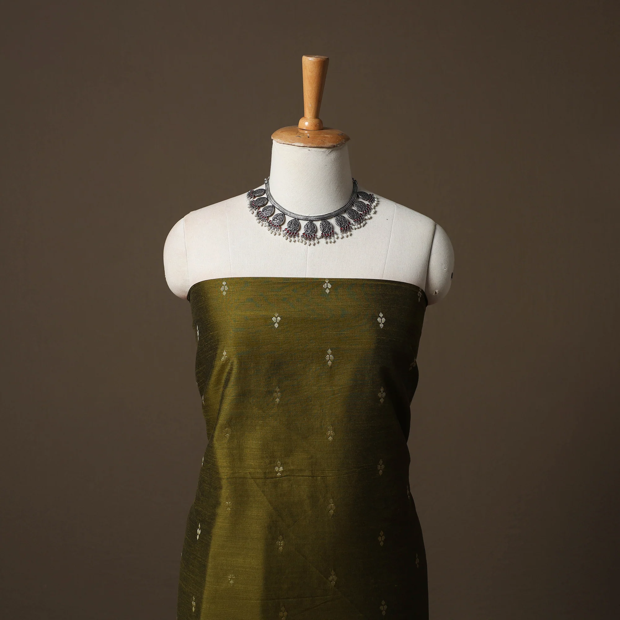 Green - Spun Dupion Viscose Silk Buti 2pc Unstitched Dress Material Kurta Set with Earrings 17 - Image 2