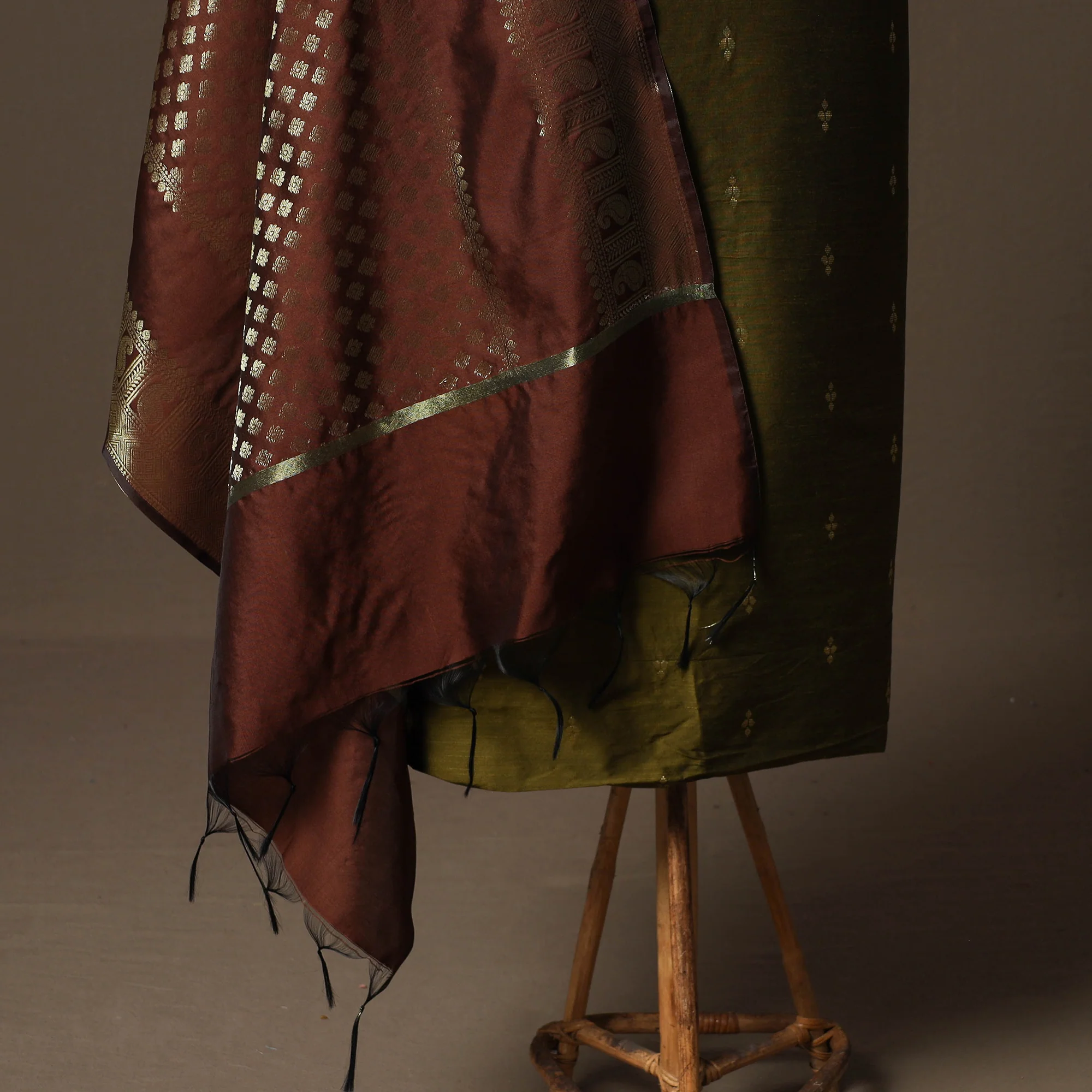 Green - Spun Dupion Viscose Silk Buti 2pc Unstitched Dress Material Kurta Set with Earrings 17 - Image 4