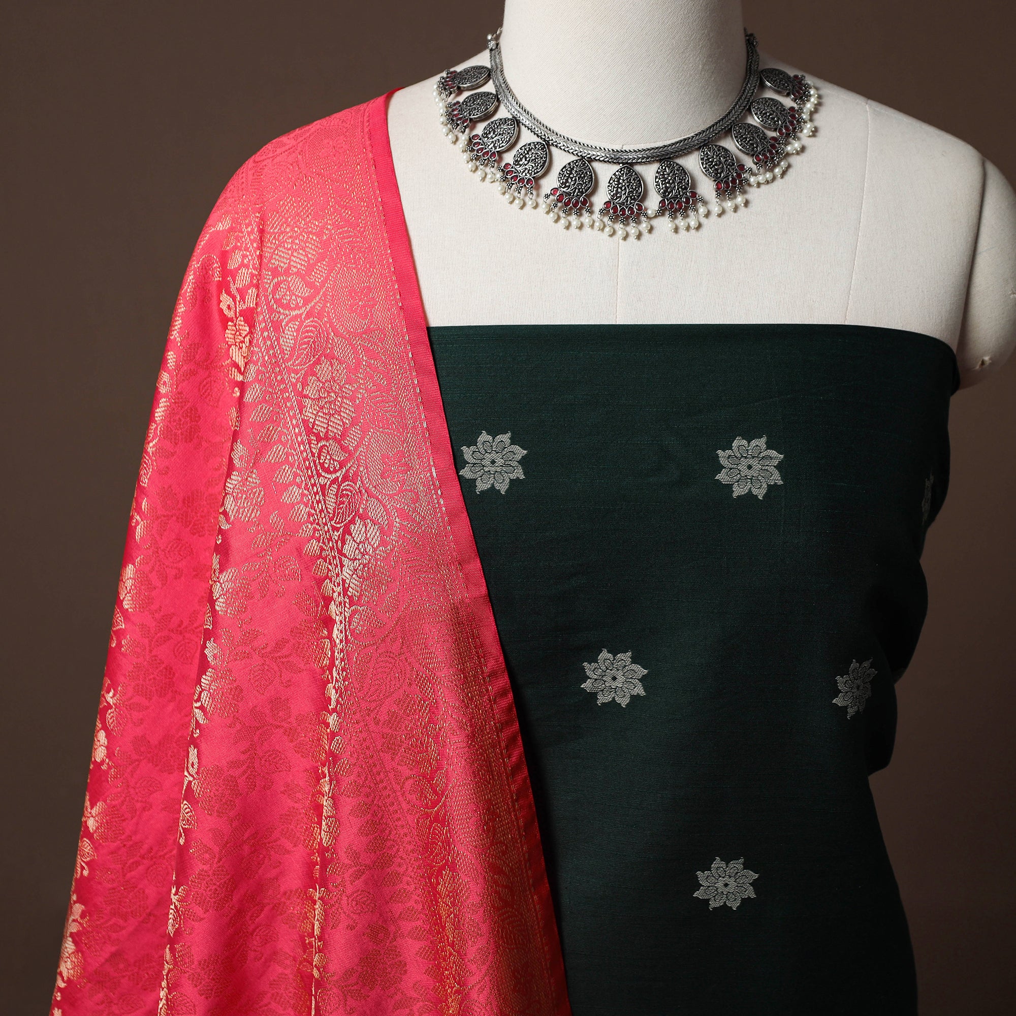 Green - Spun Dupion Viscose Silk Buti 2pc Unstitched Dress Material Kurta Set with Earrings 22 - Image 3
