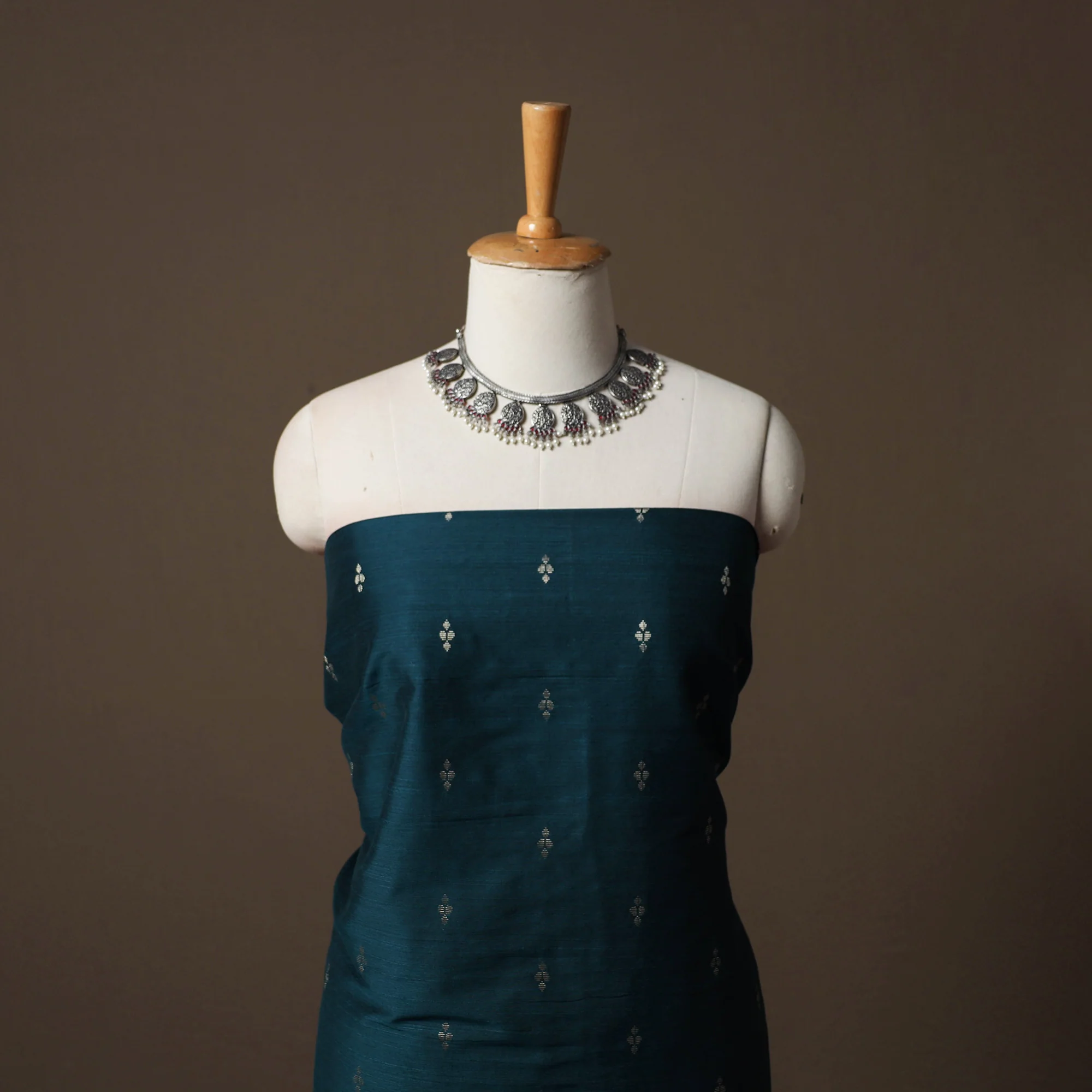 Grey - Spun Dupion Viscose Silk Buti 2pc Unstitched Dress Material Kurta Set with Earrings 25 - Image 2