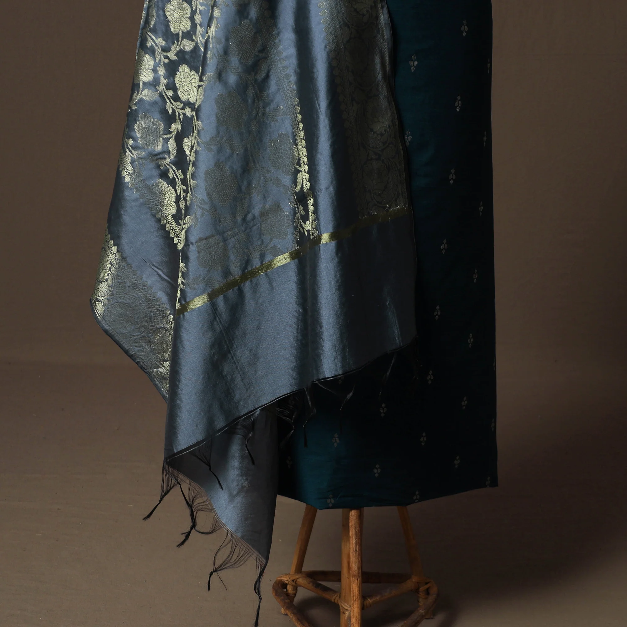Grey - Spun Dupion Viscose Silk Buti 2pc Unstitched Dress Material Kurta Set with Earrings 25 - Image 4
