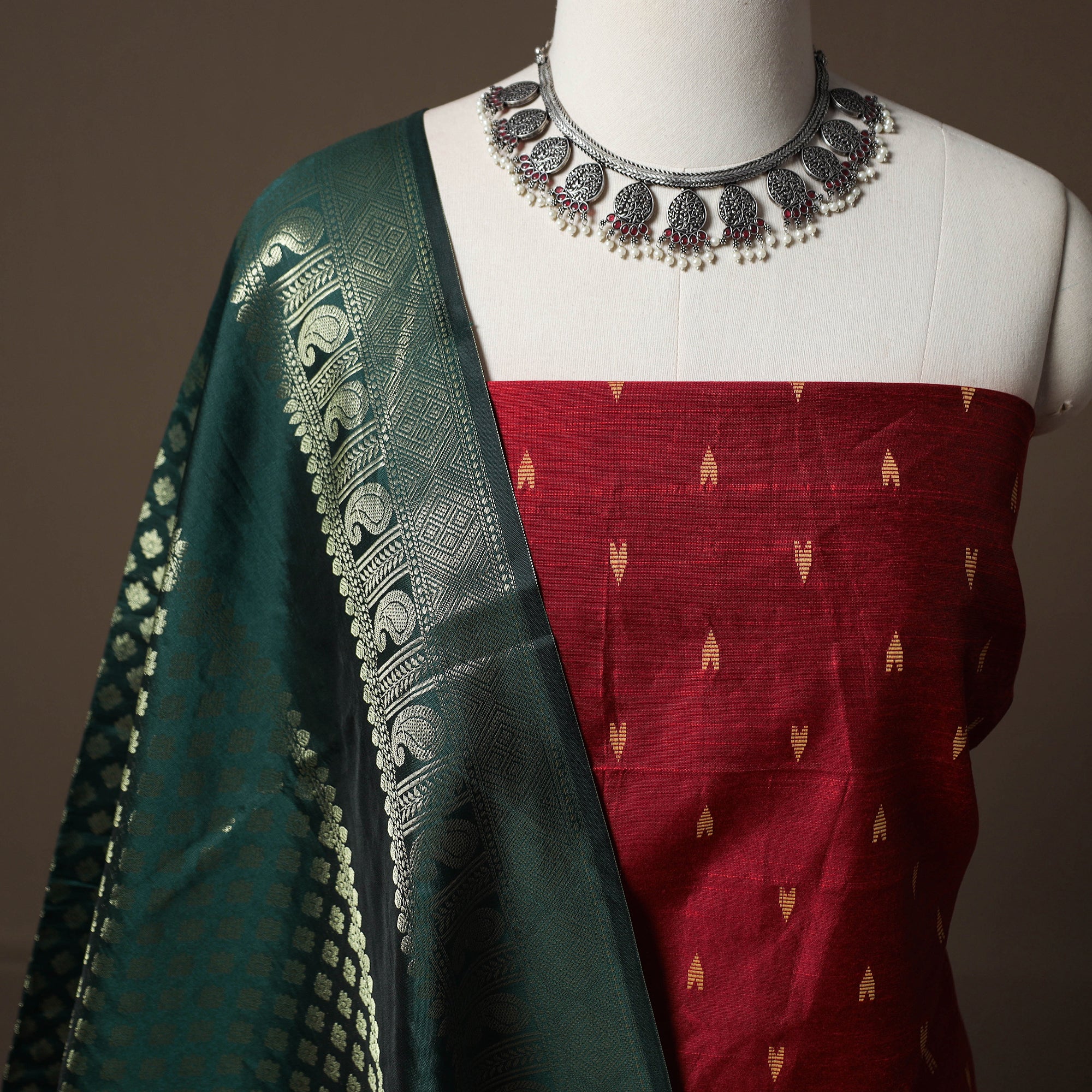 Red - Spun Dupion Viscose Silk Buti 2pc Unstitched Dress Material Kurta Set with Earrings 26 - Image 3