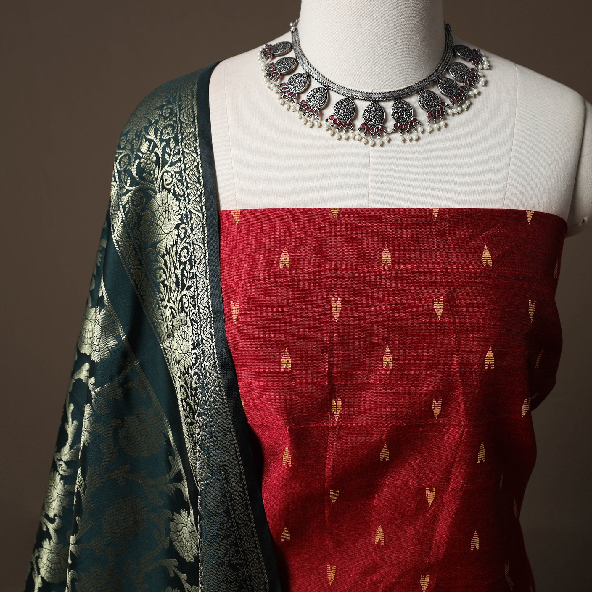 Red - Spun Dupion Viscose Silk Buti 2pc Unstitched Dress Material Kurta Set with Earrings 27 - Image 3