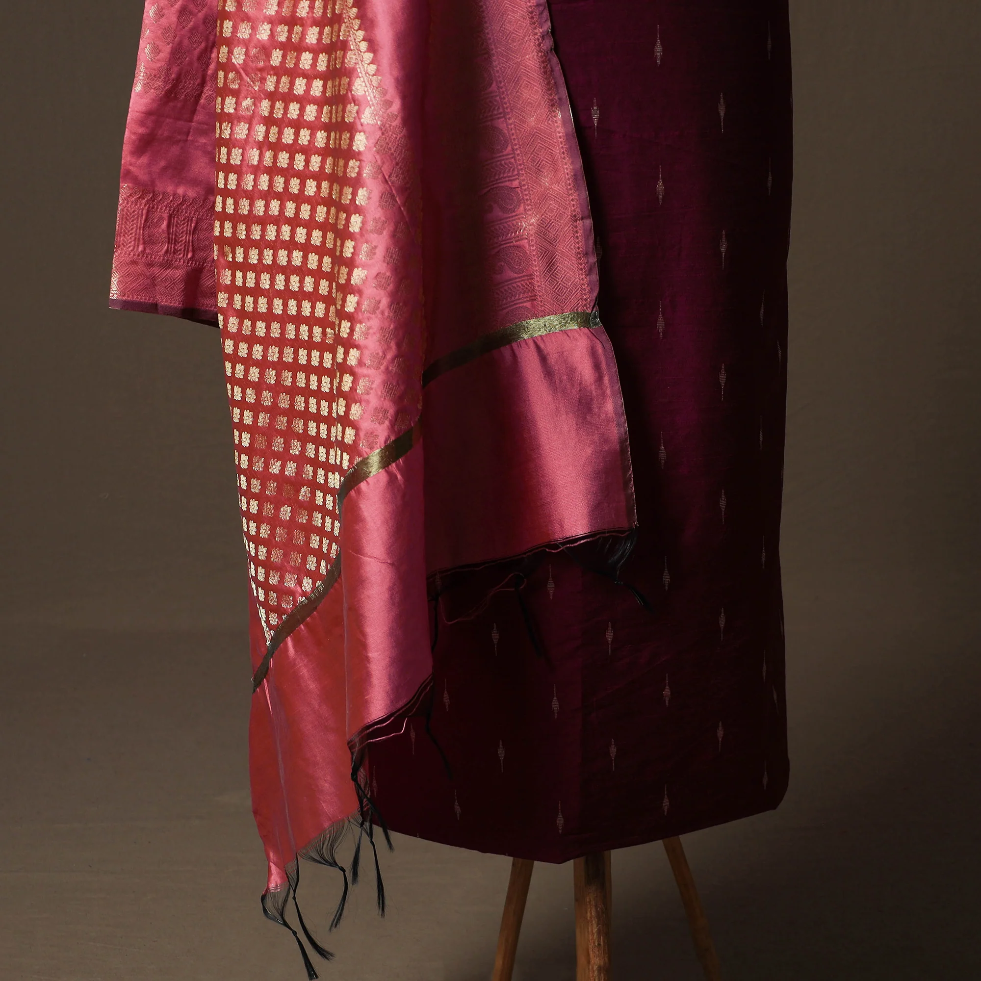Pink - Spun Dupion Viscose Silk Buti 2pc Unstitched Dress Material Kurta Set with Earrings 32 - Image 4