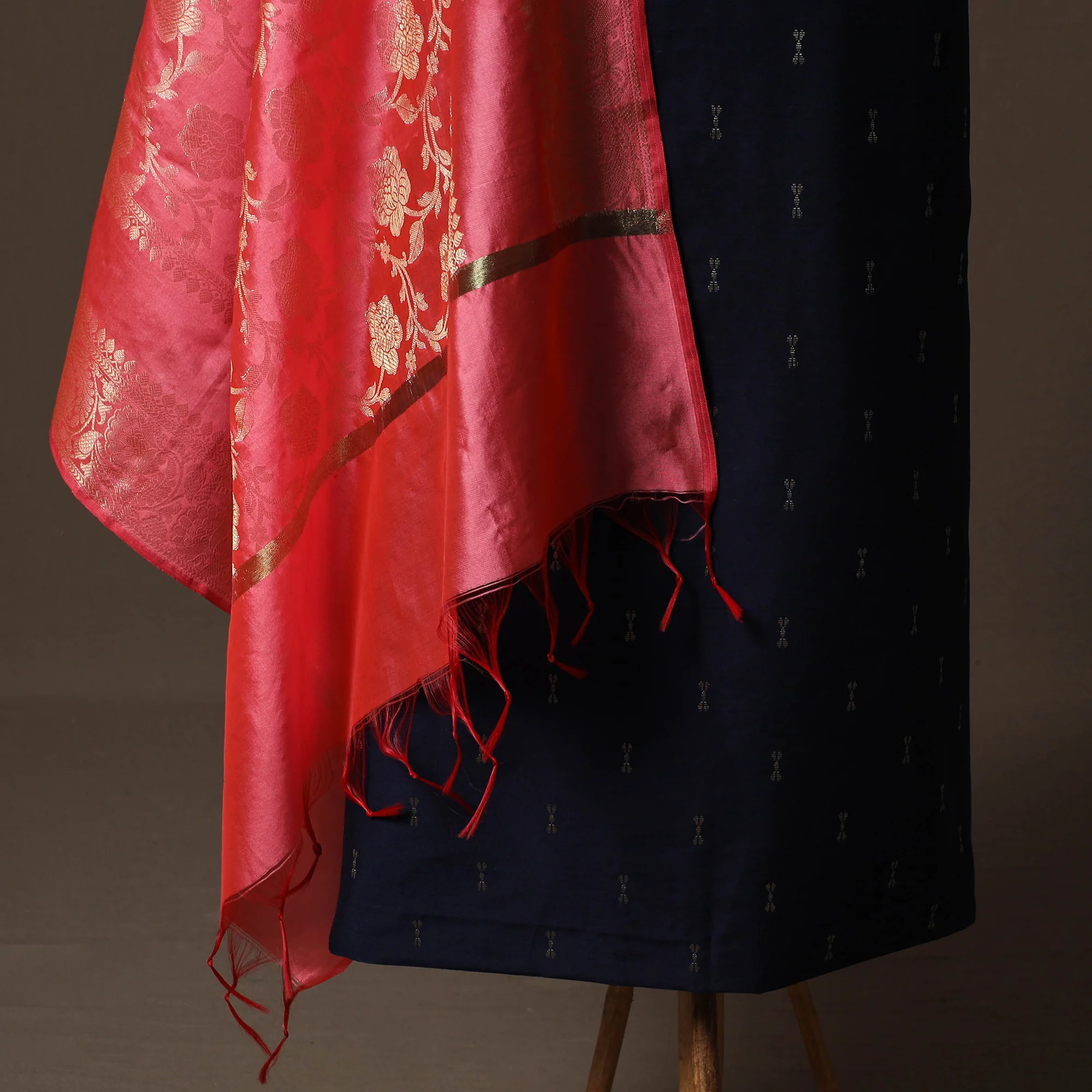 Blue - Spun Dupion Viscose Silk Buti 2pc Unstitched Dress Material Kurta Set with Earrings 47 - Image 4