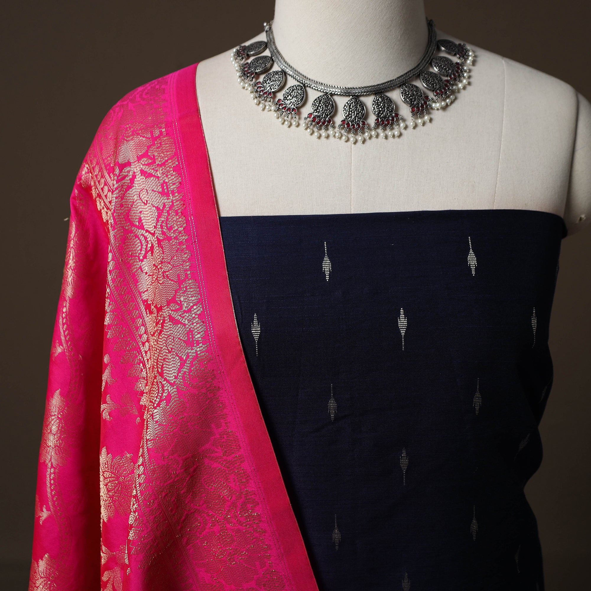 Blue - Spun Dupion Viscose Silk Buti 2pc Unstitched Dress Material Kurta Set with Earrings 48 - Image 3