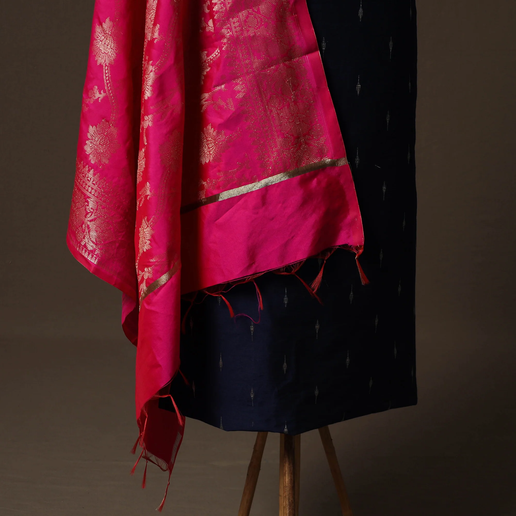 Blue - Spun Dupion Viscose Silk Buti 2pc Unstitched Dress Material Kurta Set with Earrings 48 - Image 4