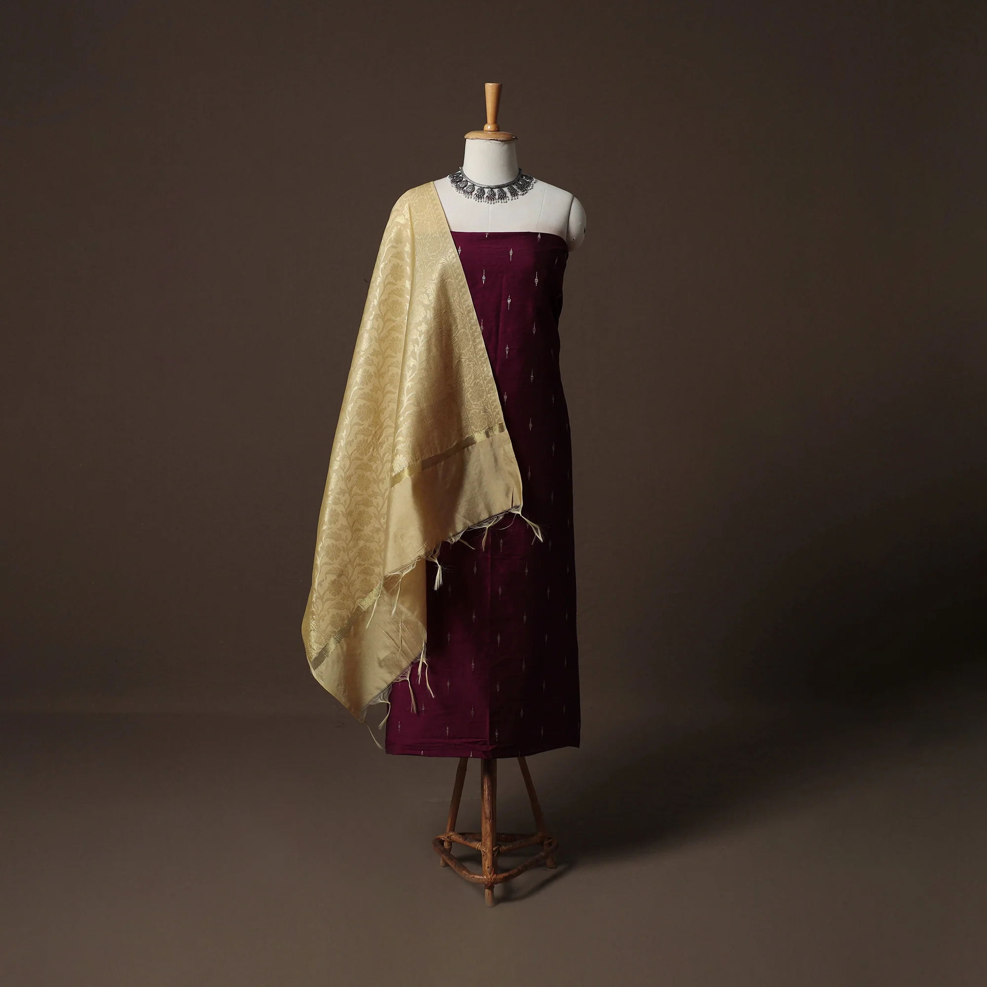 Maroon - Spun Dupion Viscose Silk Buti 2pc Unstitched Dress Material Kurta Set with Earrings 50