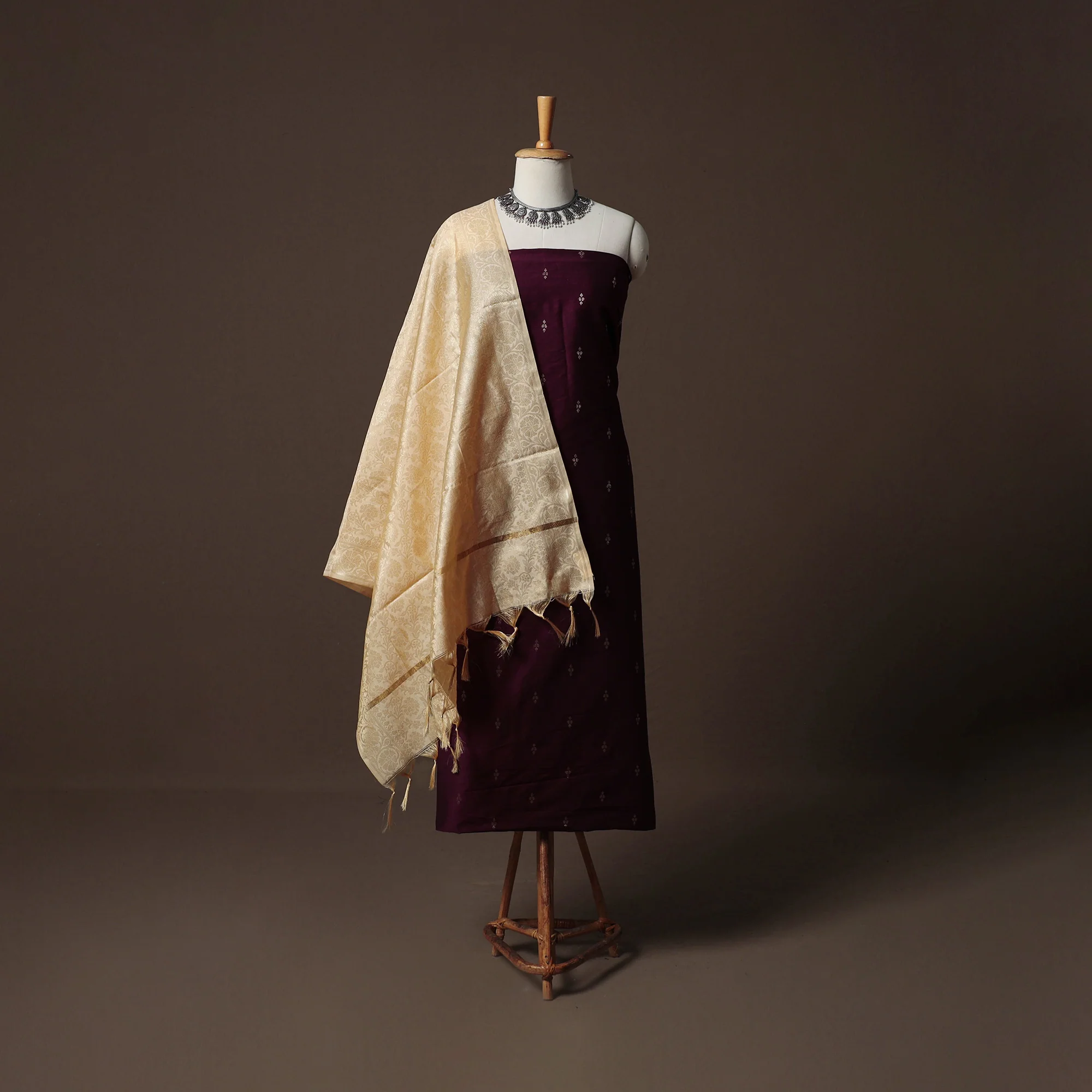 Maroon - Spun Dupion Viscose Silk Buti 2pc Unstitched Dress Material Kurta Set with Earrings 51