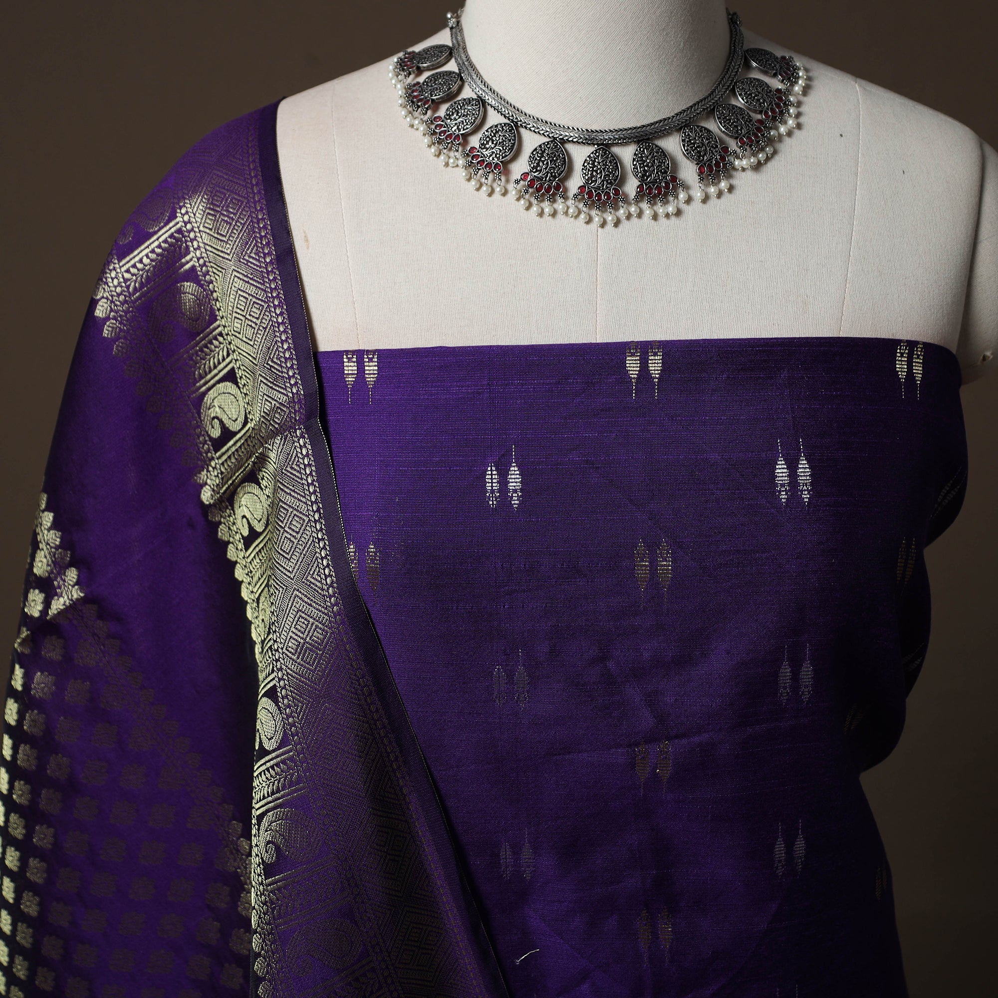 Purple - Spun Dupion Viscose Silk Buti 2pc Unstitched Dress Material Kurta Set with Earrings 57 - Image 3