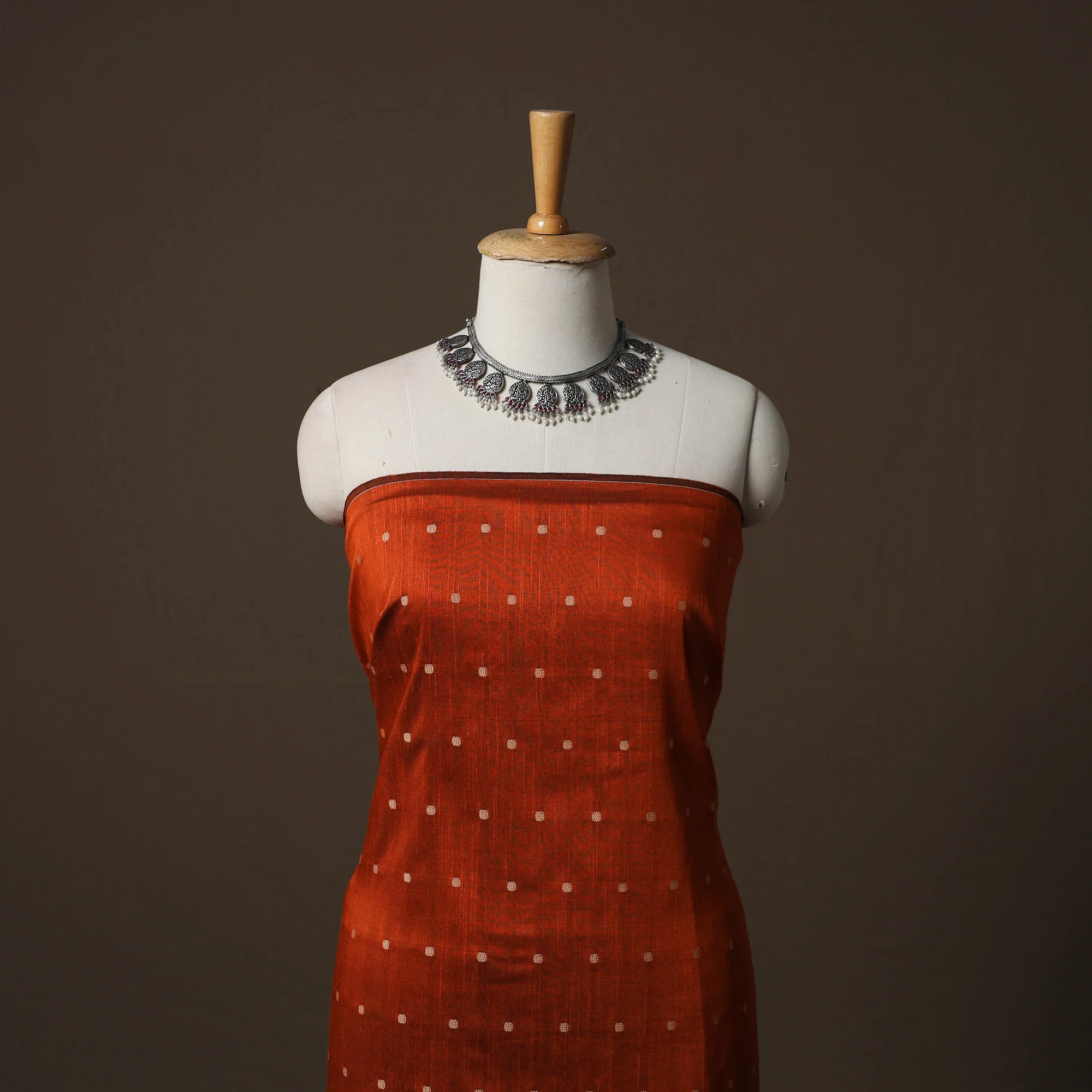 Orange - Spun Dupion Viscose Silk Buti 2pc Unstitched Dress Material Kurta Set with Earrings 60 - Image 2