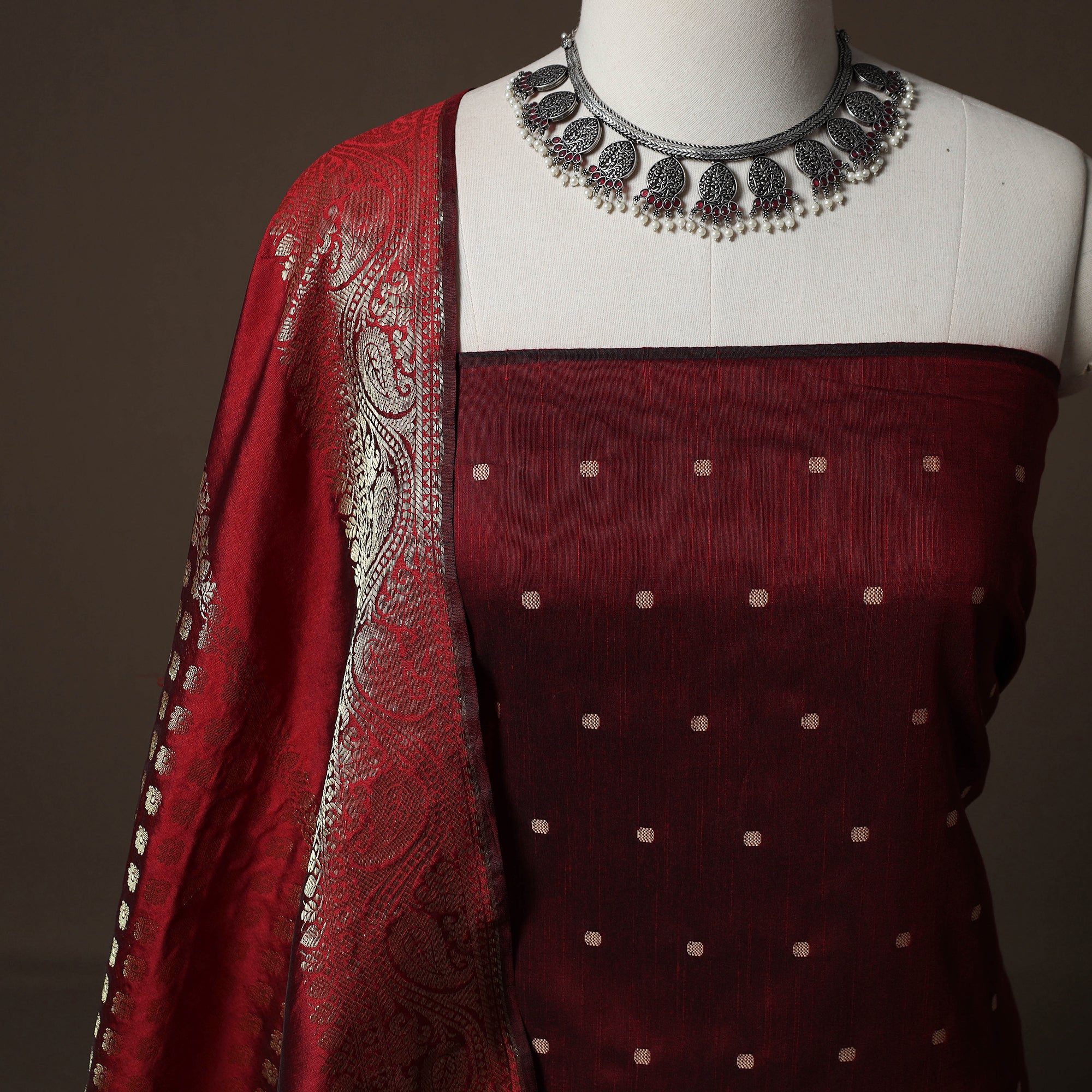 Maroon - Spun Dupion Viscose Silk Buti 2pc Unstitched Dress Material Kurta Set with Earrings 61 - Image 3