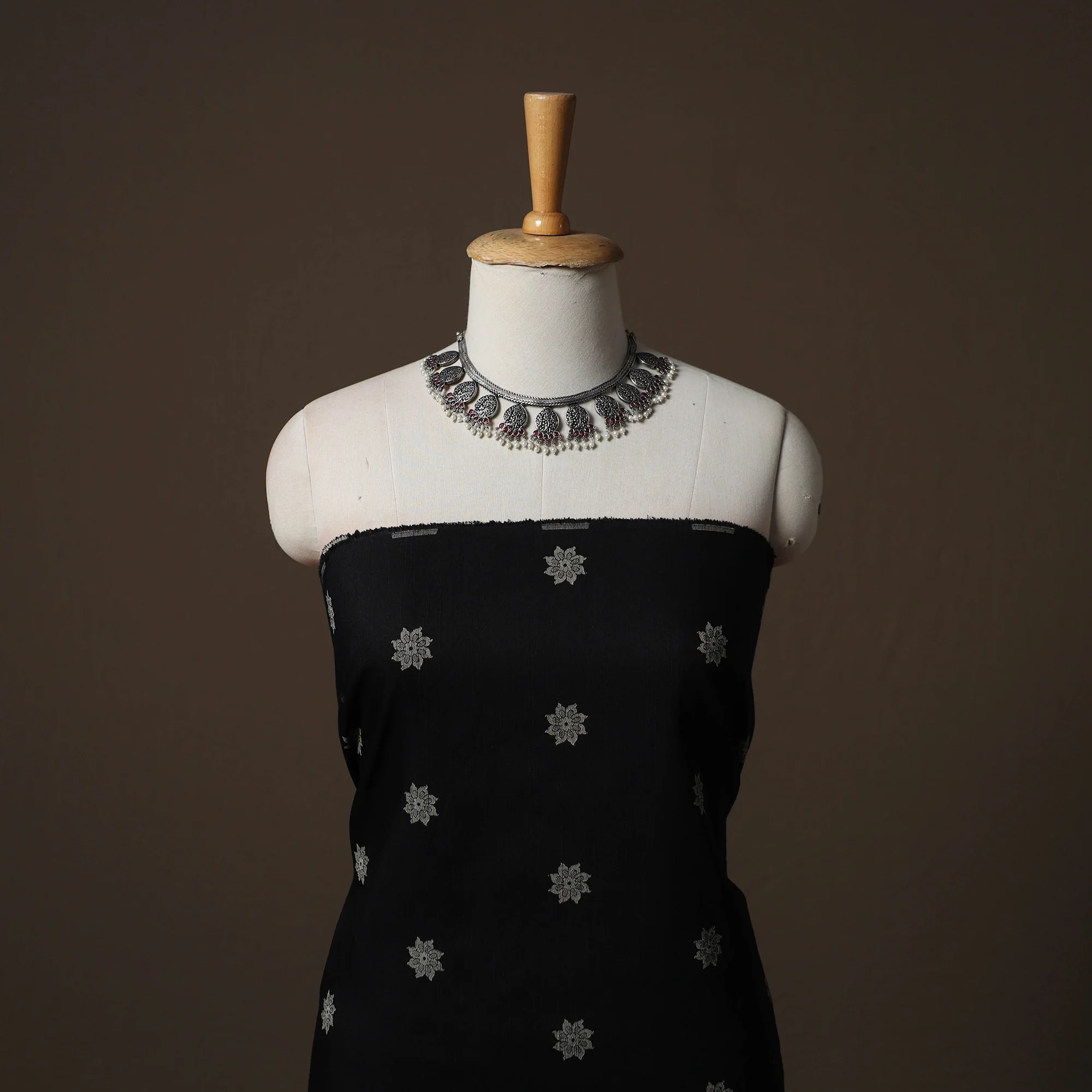 Black - Spun Dupion Viscose Silk Buti 2pc Unstitched Dress Material Kurta Set with Earrings 64 - Image 2