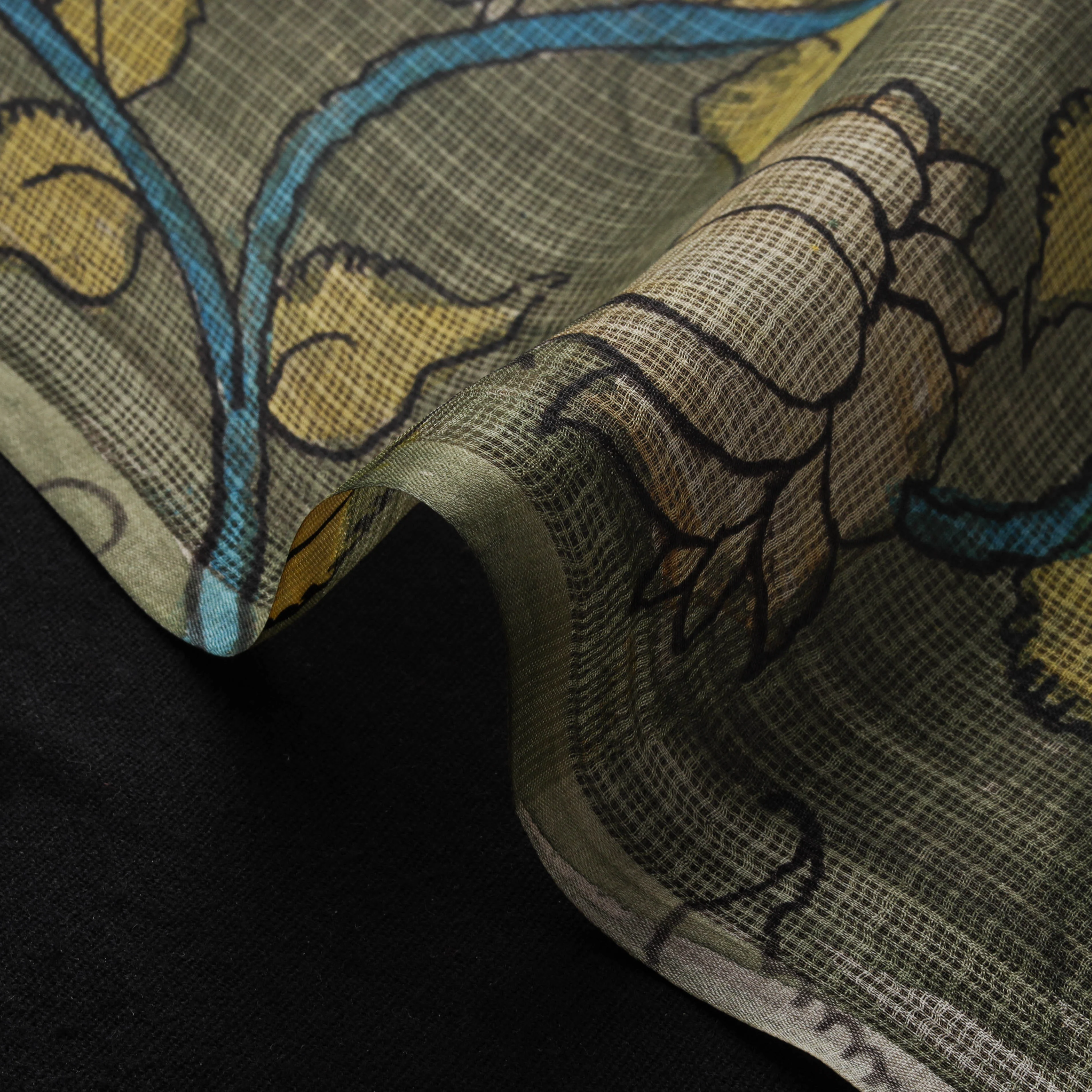 Green - Srikalahasti Pen Work Handpainted Kalamkari Handloom Kota Doria Silk Fabric 01 - Image 4