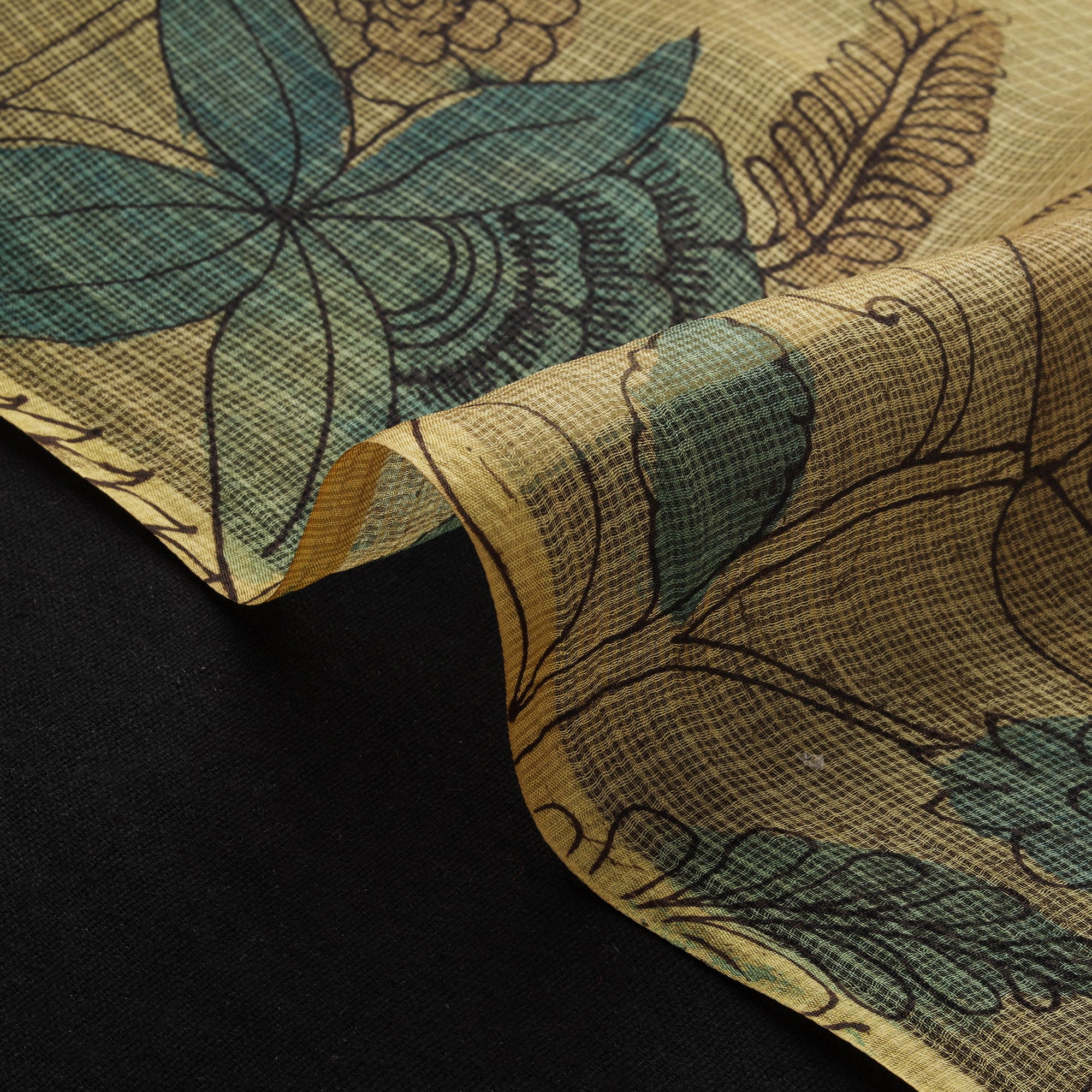 Yellow - Srikalahasti Pen Work Handpainted Kalamkari Handloom Kota Doria Silk Fabric 06 - Image 4