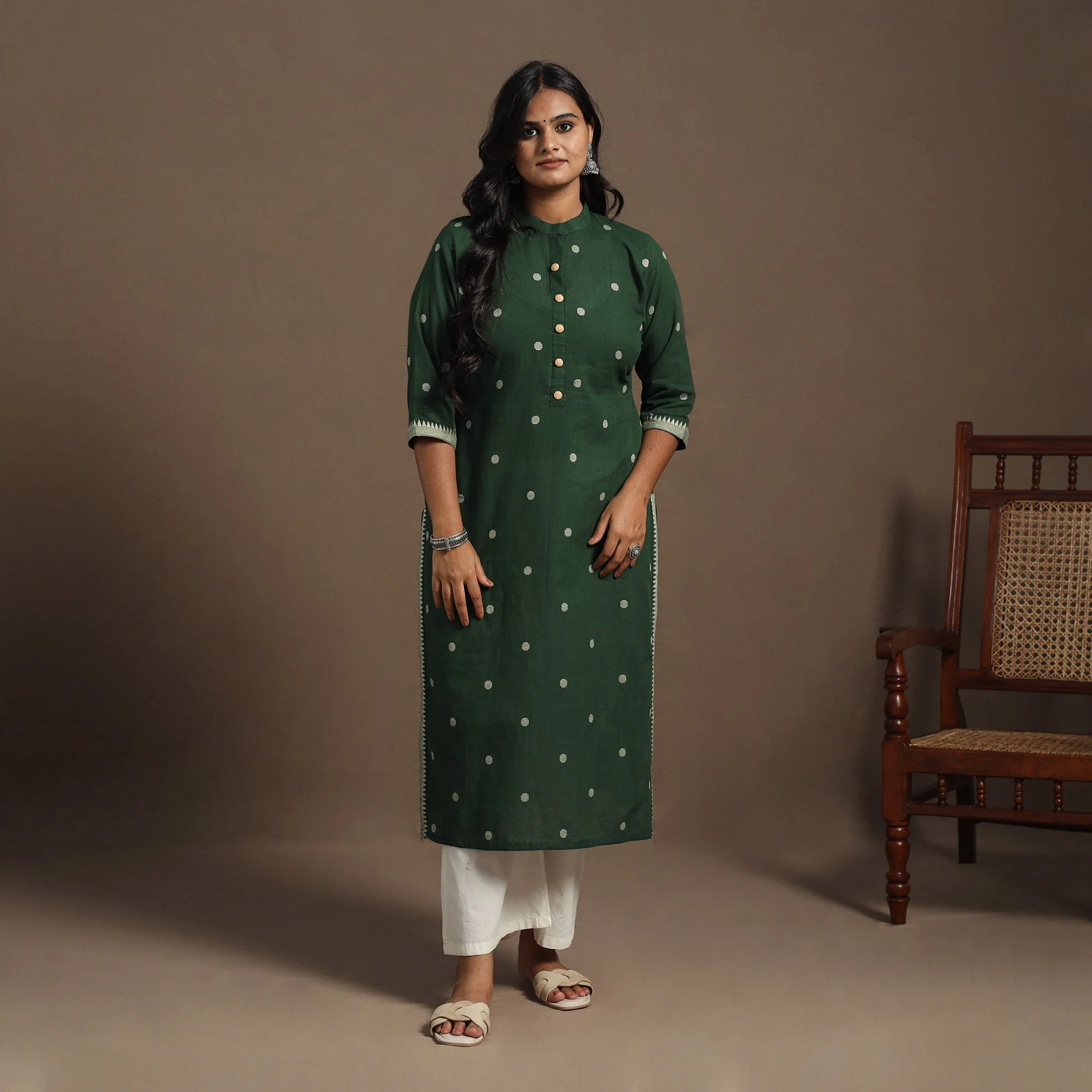 Green - Straight Cotton Jacquard Kurta 08