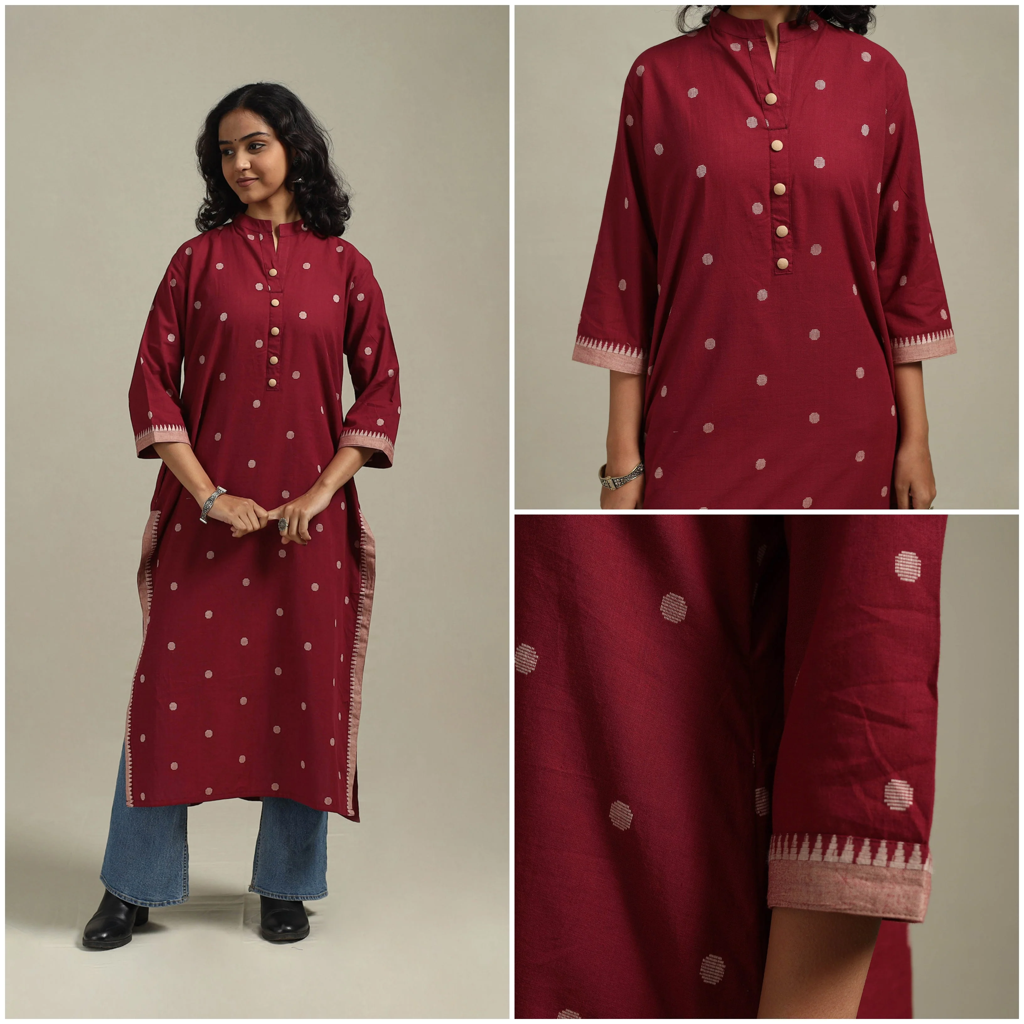 Red - Straight Cotton Jacquard Kurta 09 - Image 3