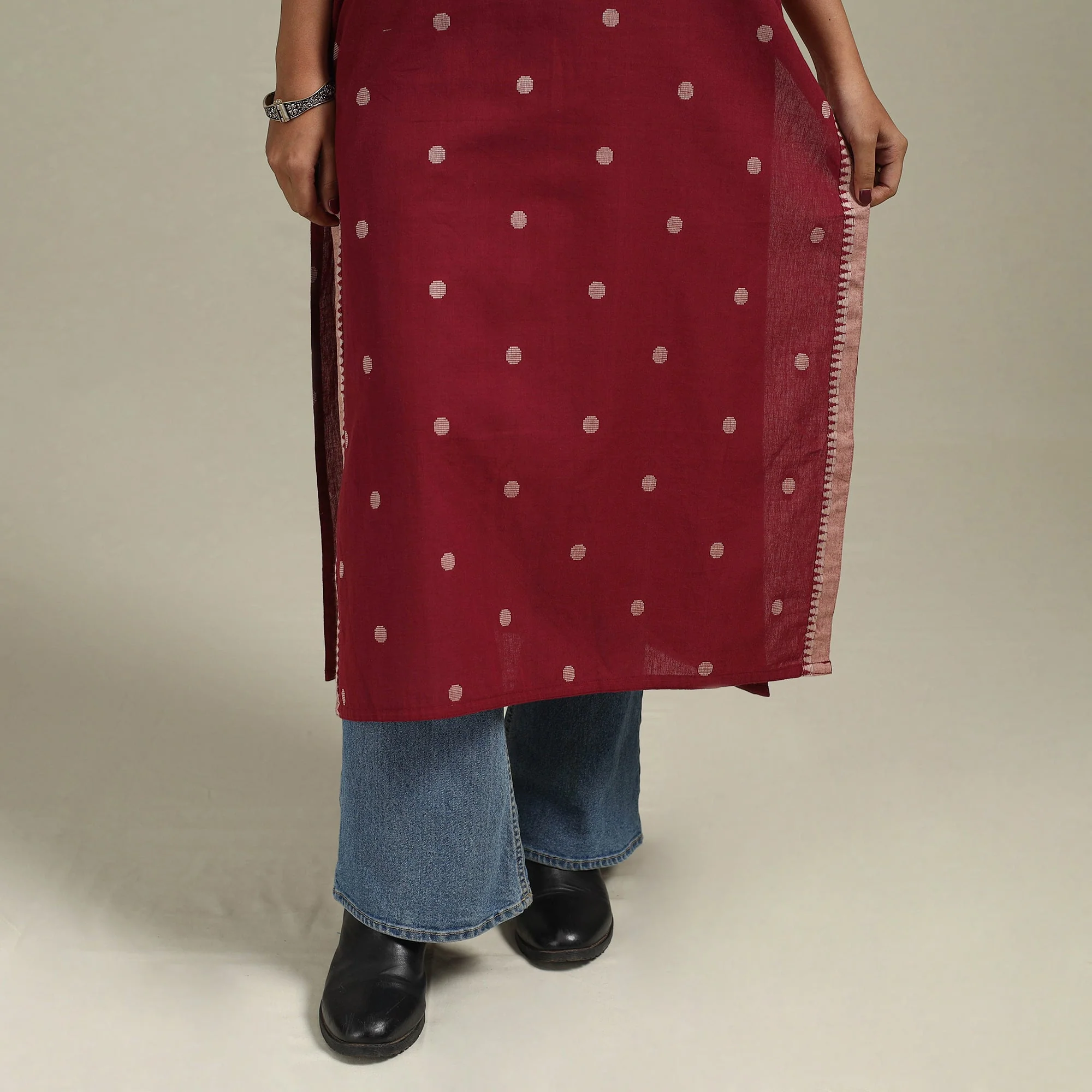 Red - Straight Cotton Jacquard Kurta 09 - Image 4