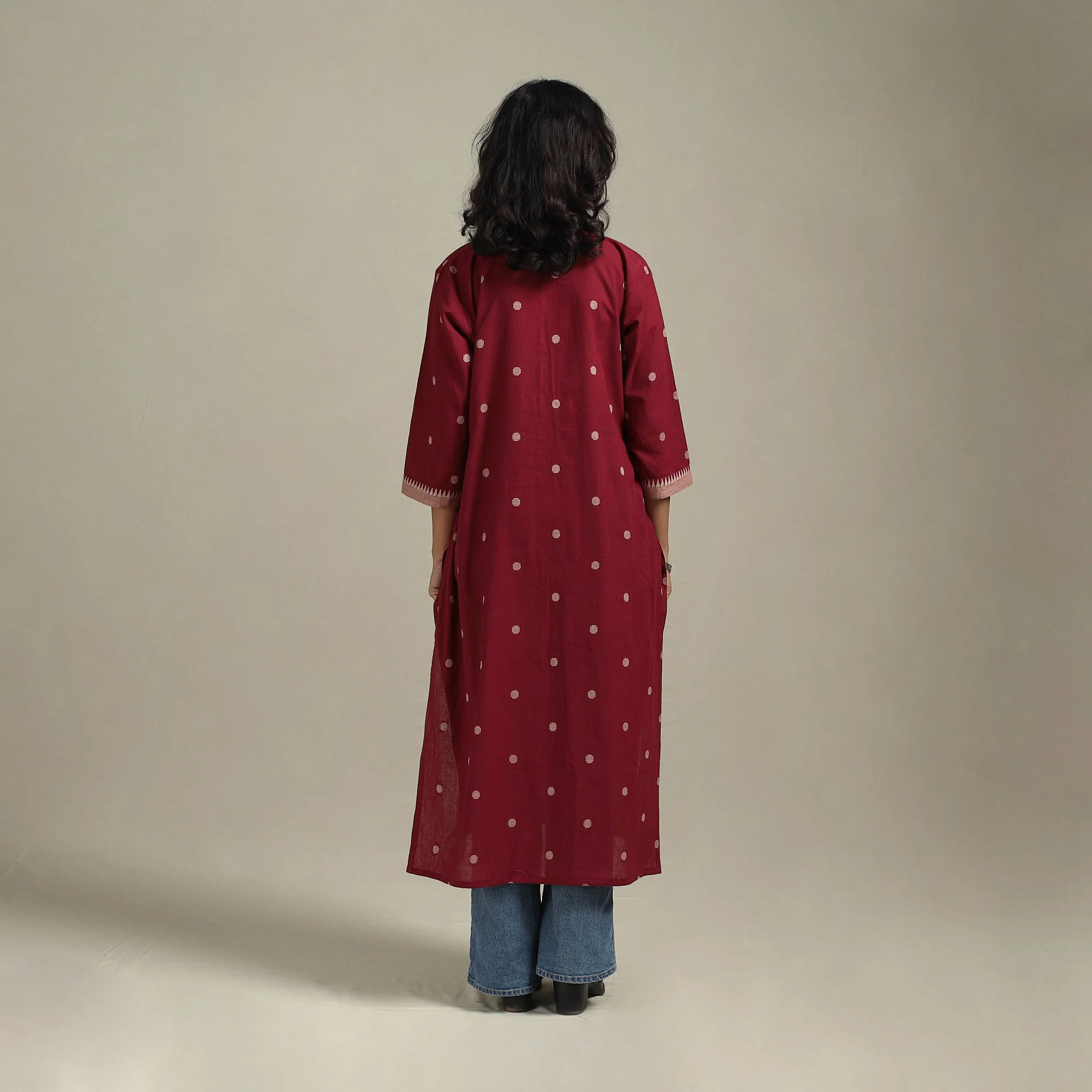 Red - Straight Cotton Jacquard Kurta 09 - Image 5
