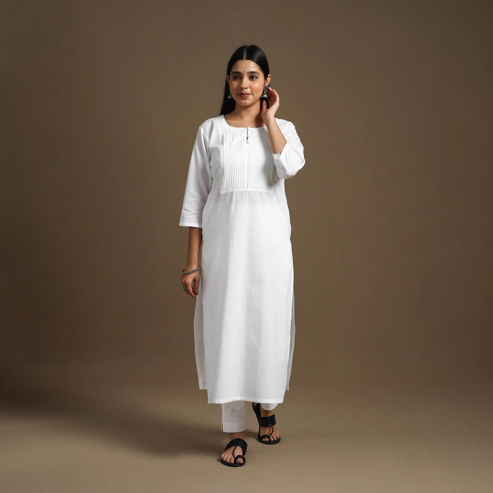 White - Straight Pintuck Plain Cotton Kurta 08 - Image 2