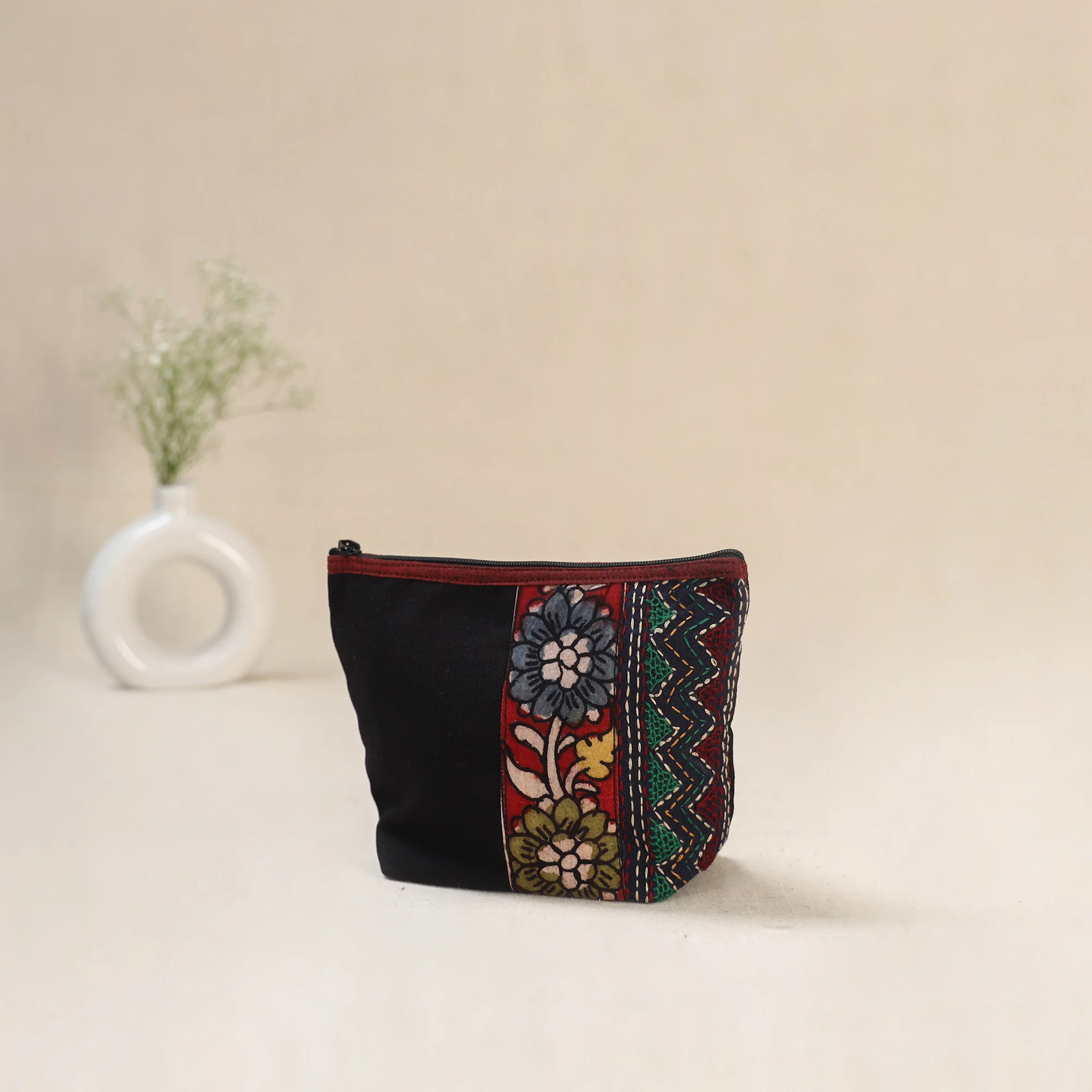 Black - Tagai Work Srikalahasti Kalamkari Handpainted Small Utility Pouch 116 - Image 2