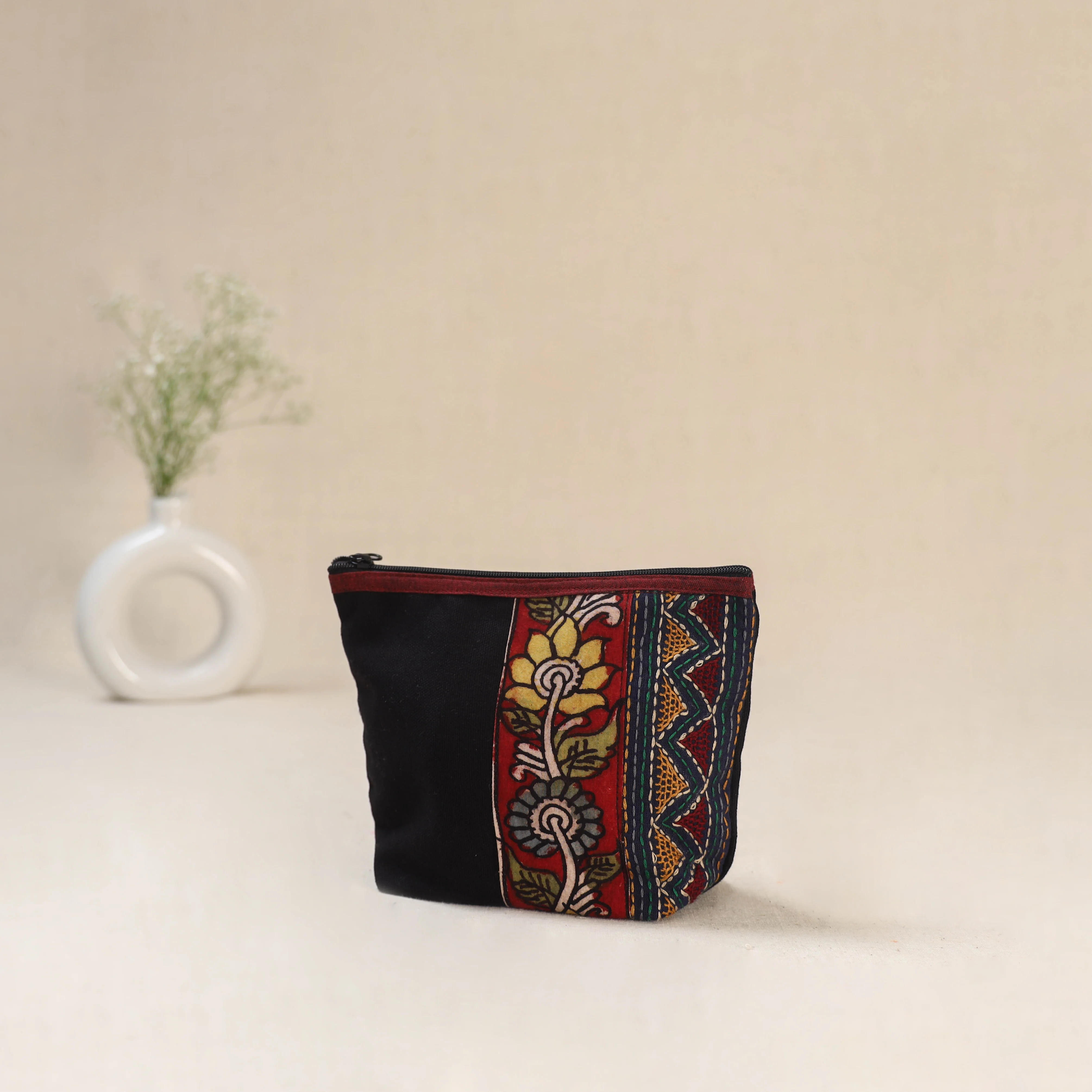 Black - Tagai Work Srikalahasti Kalamkari Handpainted Small Utility Pouch 117 - Image 2