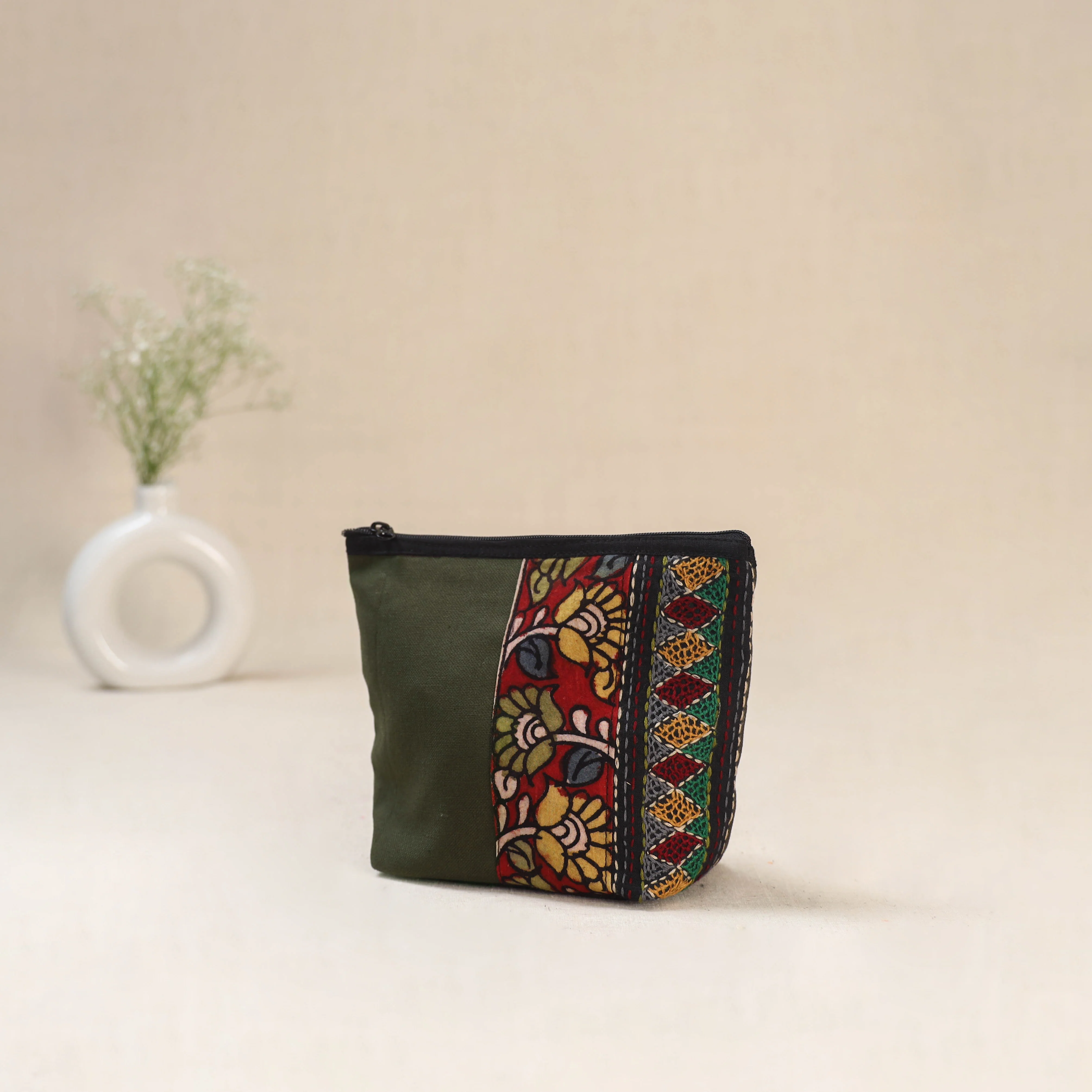 Green - Tagai Work Srikalahasti Kalamkari Handpainted Small Utility Pouch 120 - Image 2