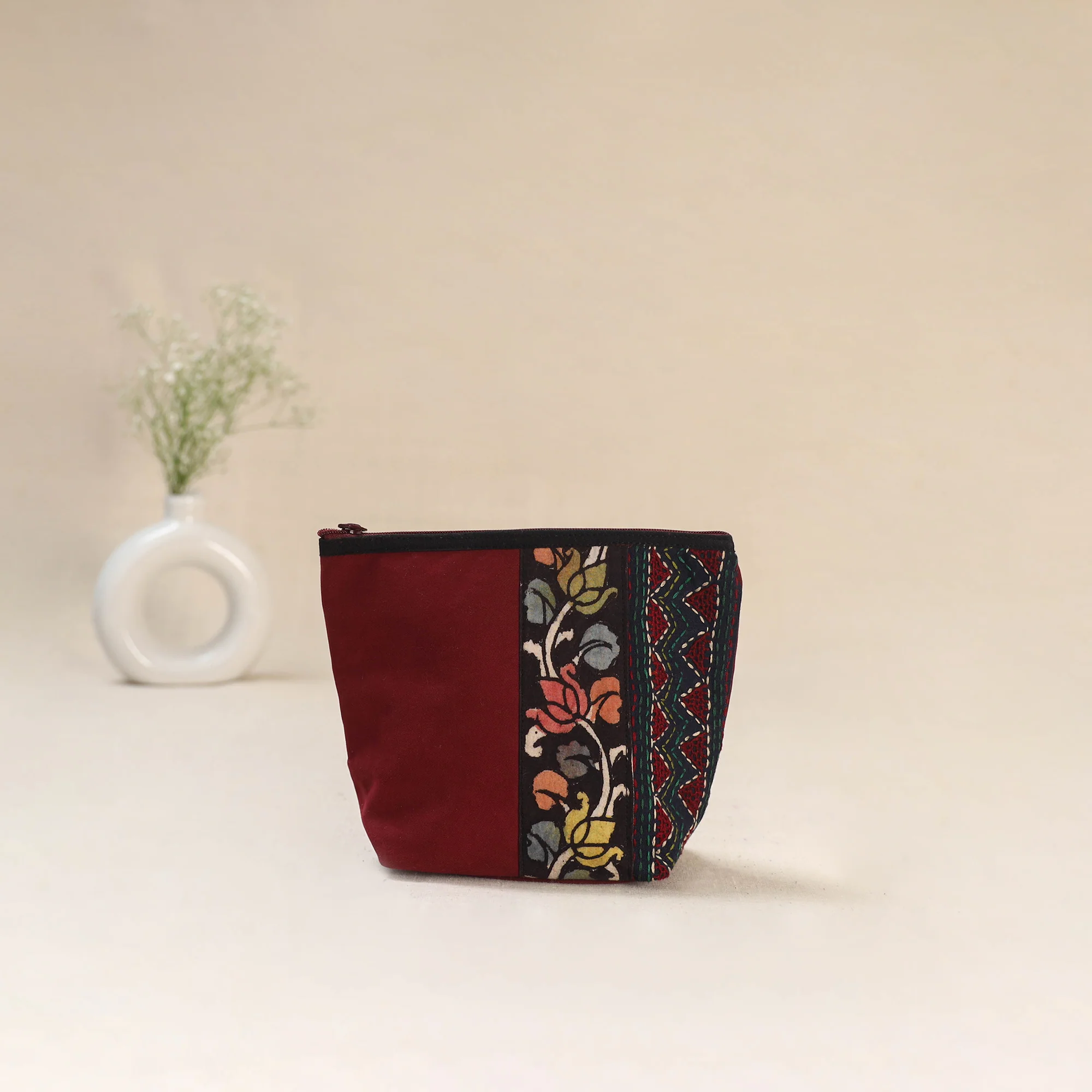 Red - Tagai Work Srikalahasti Kalamkari Handpainted Small Utility Pouch 128
