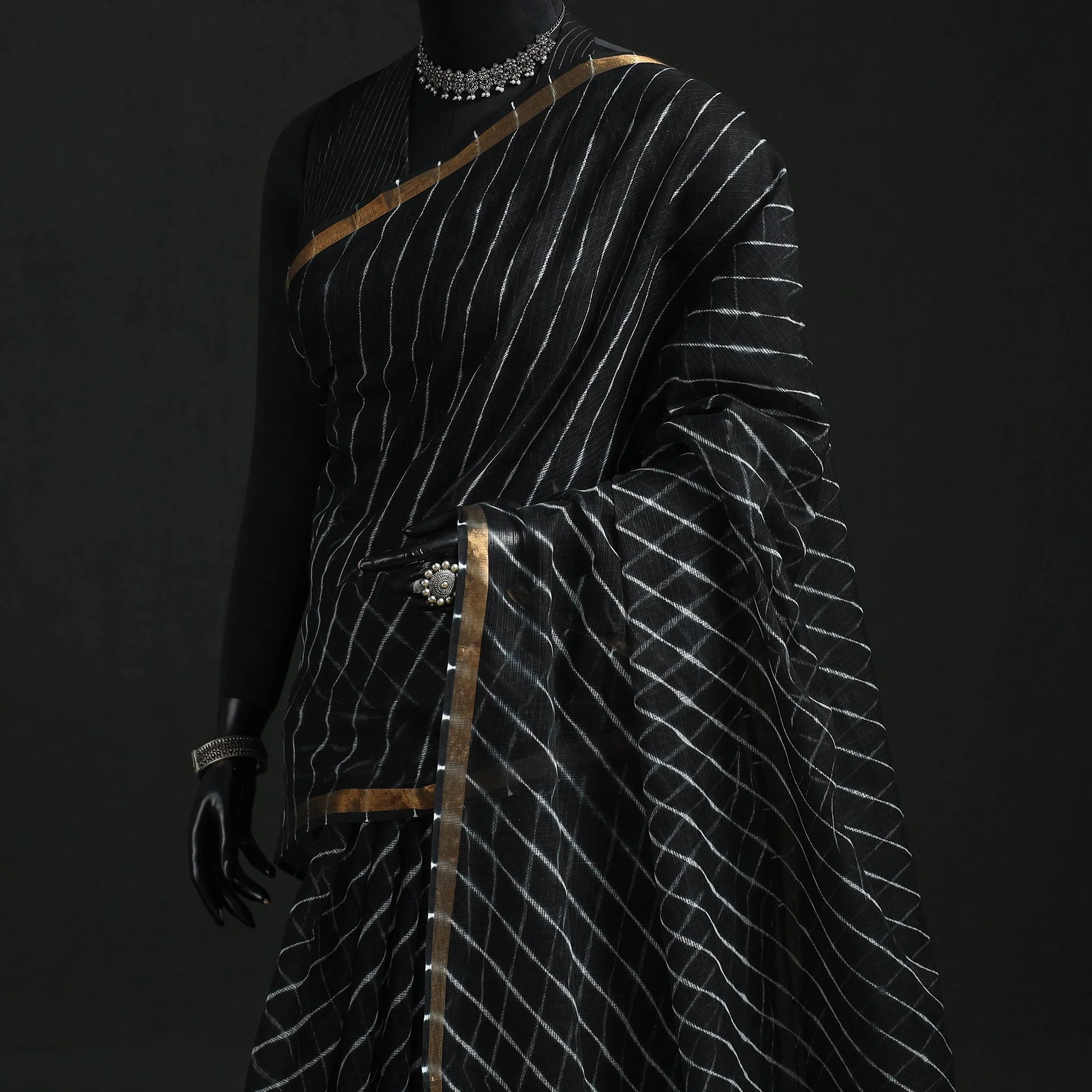 Black - Tie-Dye Kota Doria Cotton Leheriya Saree 03 - Image 2