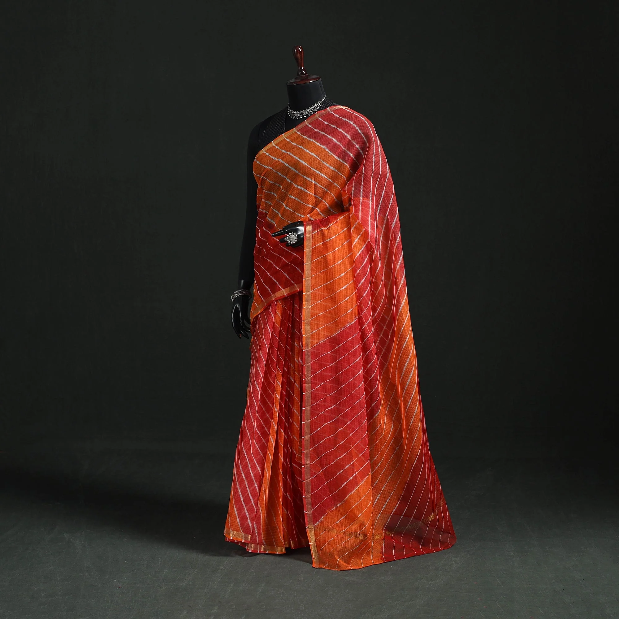 Orange - Tie-Dye Kota Doria Cotton Leheriya Saree 06