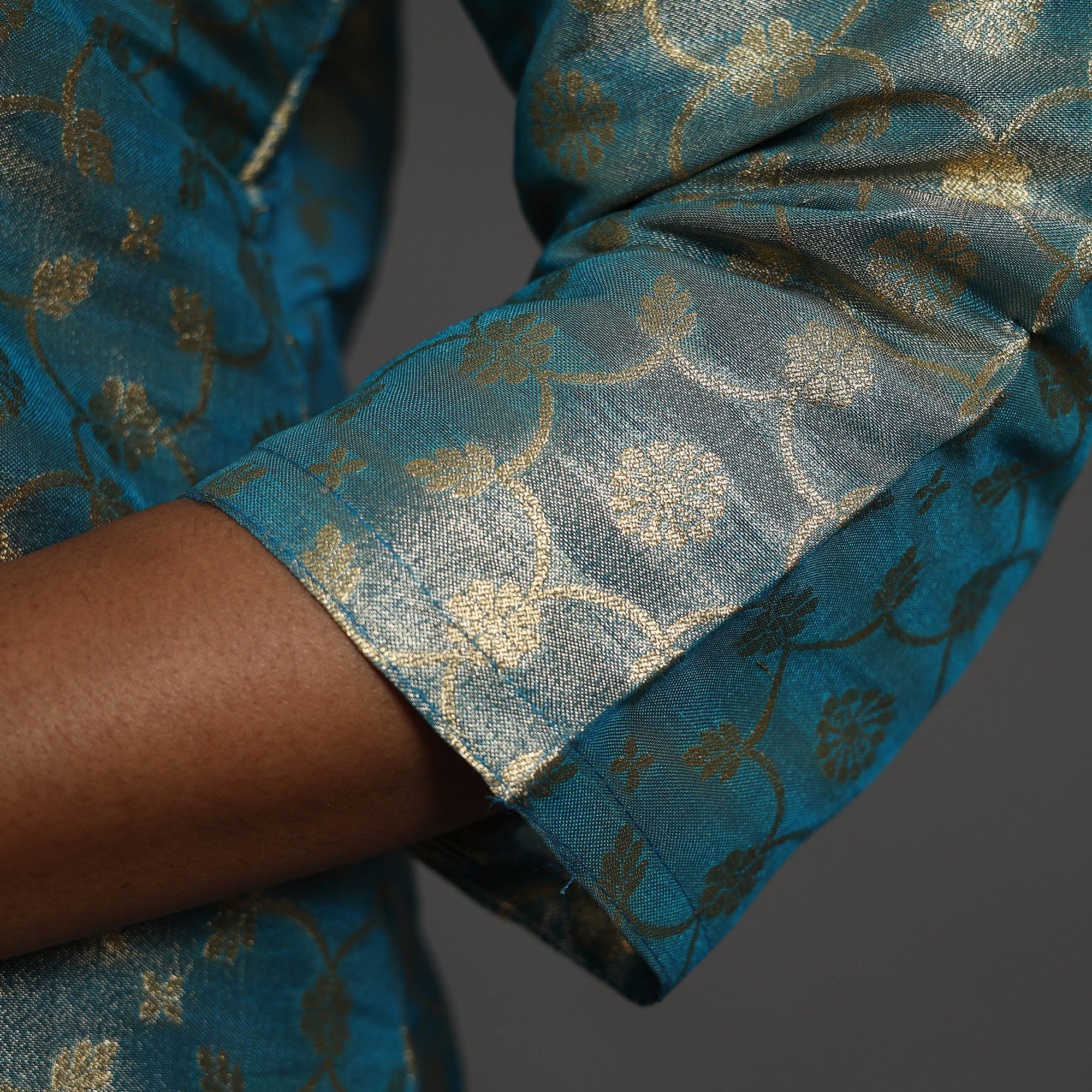 Blue - Cutwork Tissue Zari Jaal Banarasi Silk Kurta 06 - Image 6