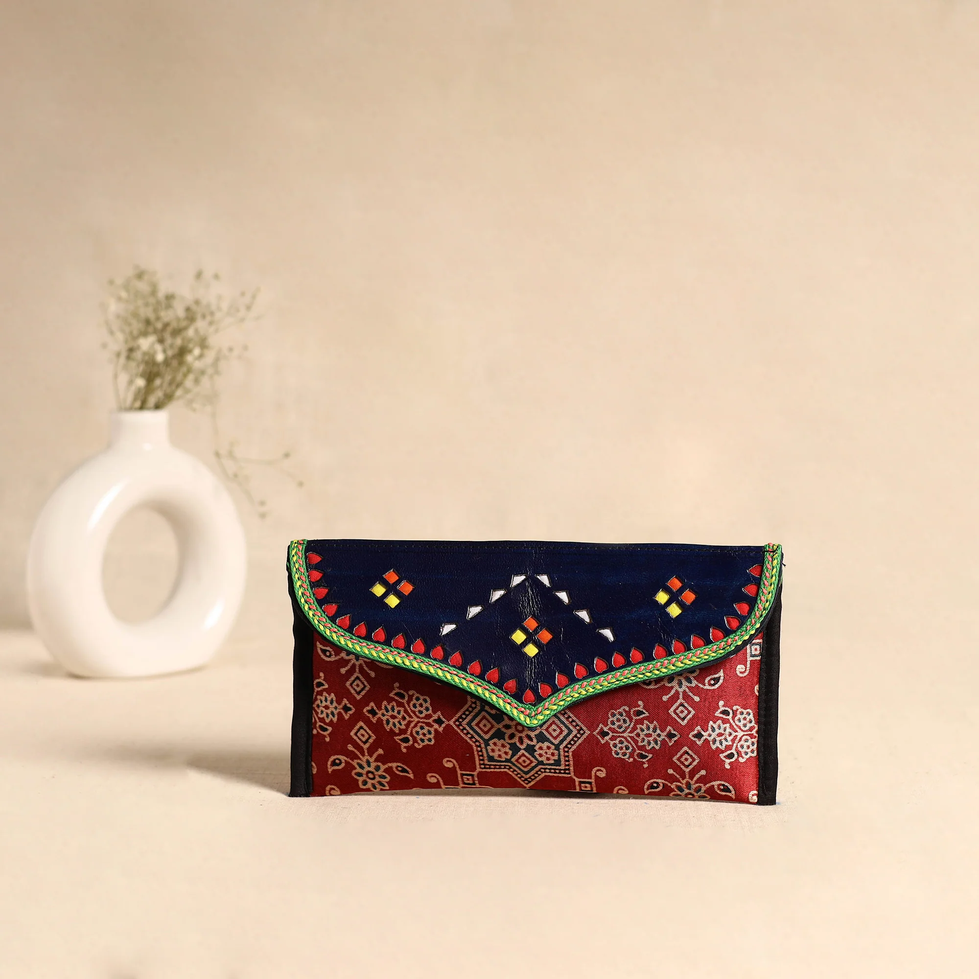 Traditional Kutch Mashru Silk Leather Flap Clutch / Wallet 105