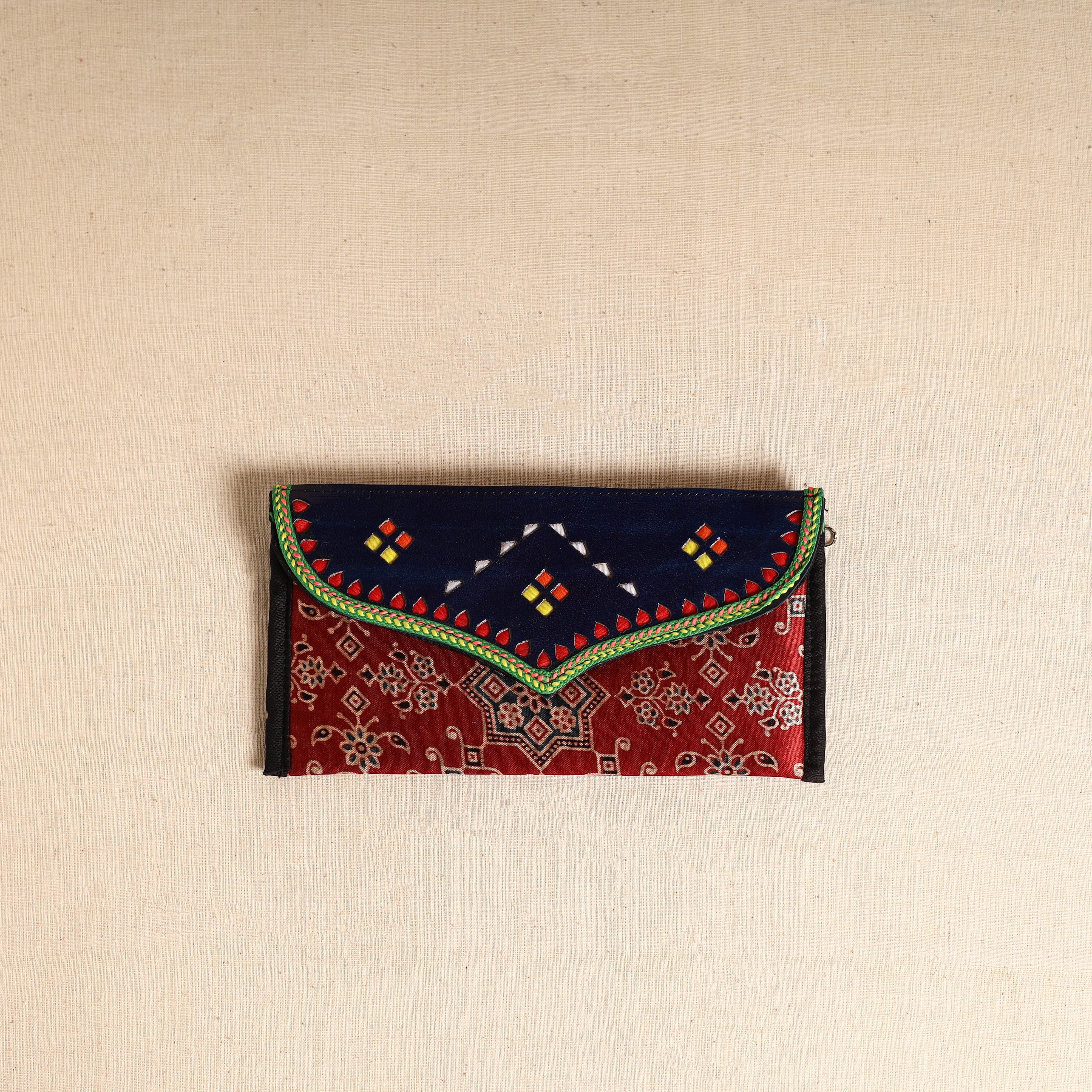 Traditional Kutch Mashru Silk Leather Flap Clutch / Wallet 105 - Image 2