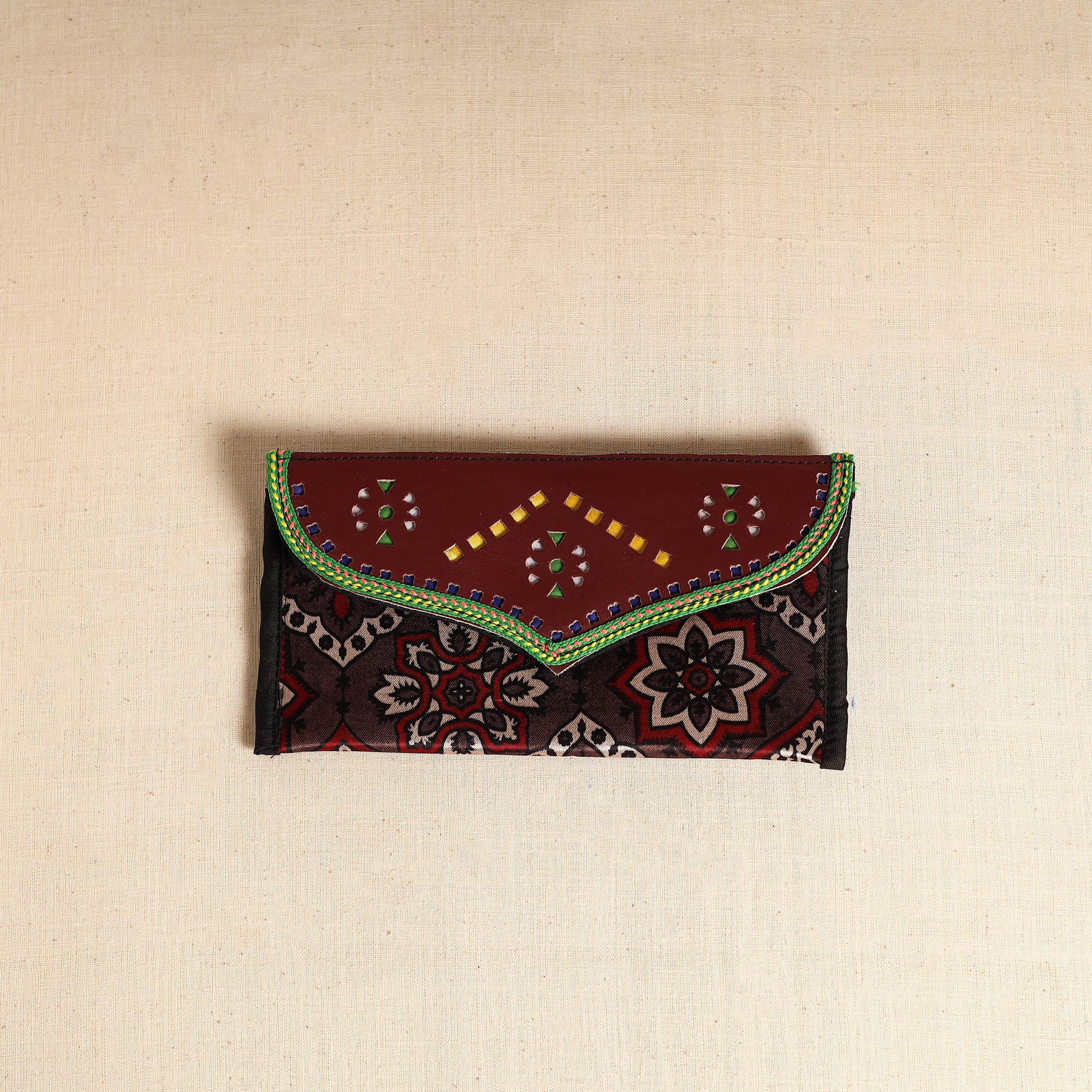 Traditional Kutch Mashru Silk Leather Flap Clutch / Wallet 112 - Image 2