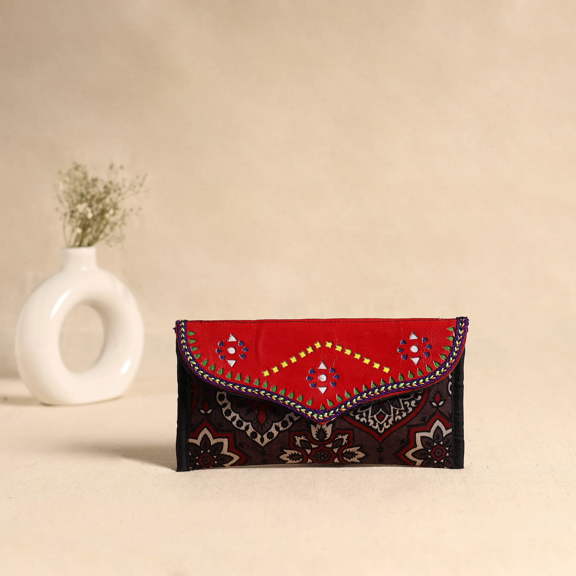 Brown - Traditional Kutch Mashru Silk Leather Flap Clutch / Wallet 114