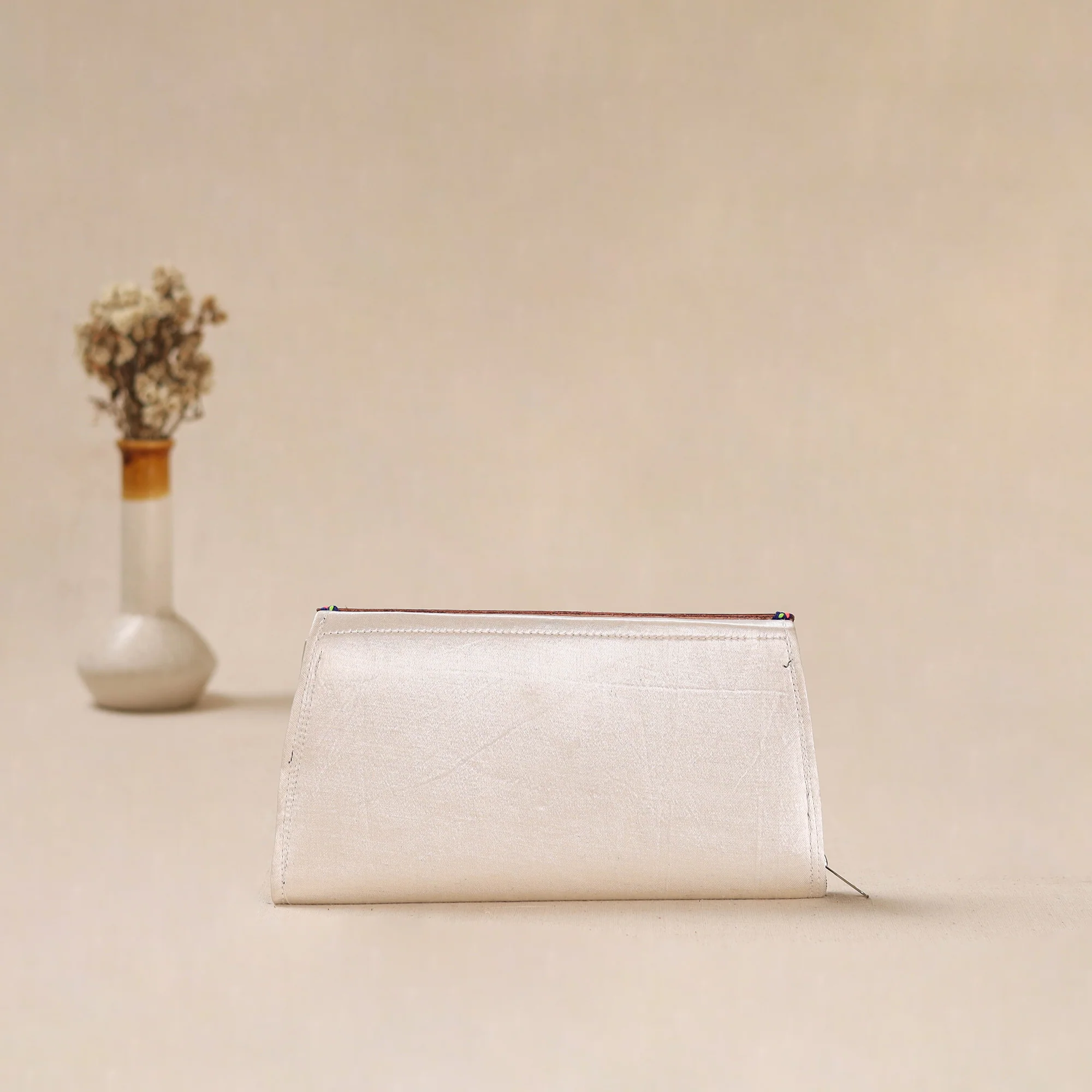 White - Traditional Kutch Mashru Silk Leather Flap Clutch / Wallet 17 - Image 3