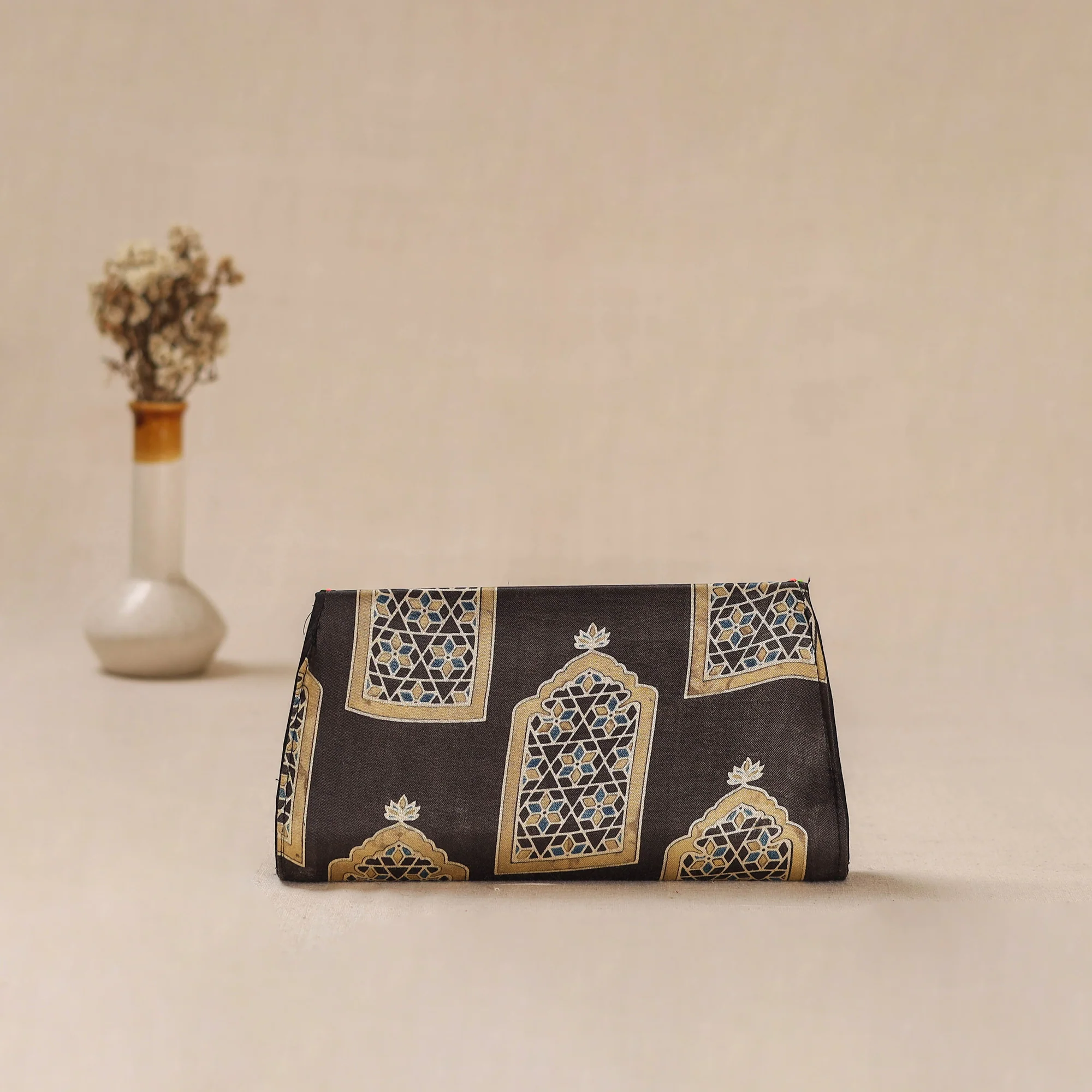 Brown - Traditional Kutch Mashru Silk Leather Flap Clutch / Wallet 23 - Image 3