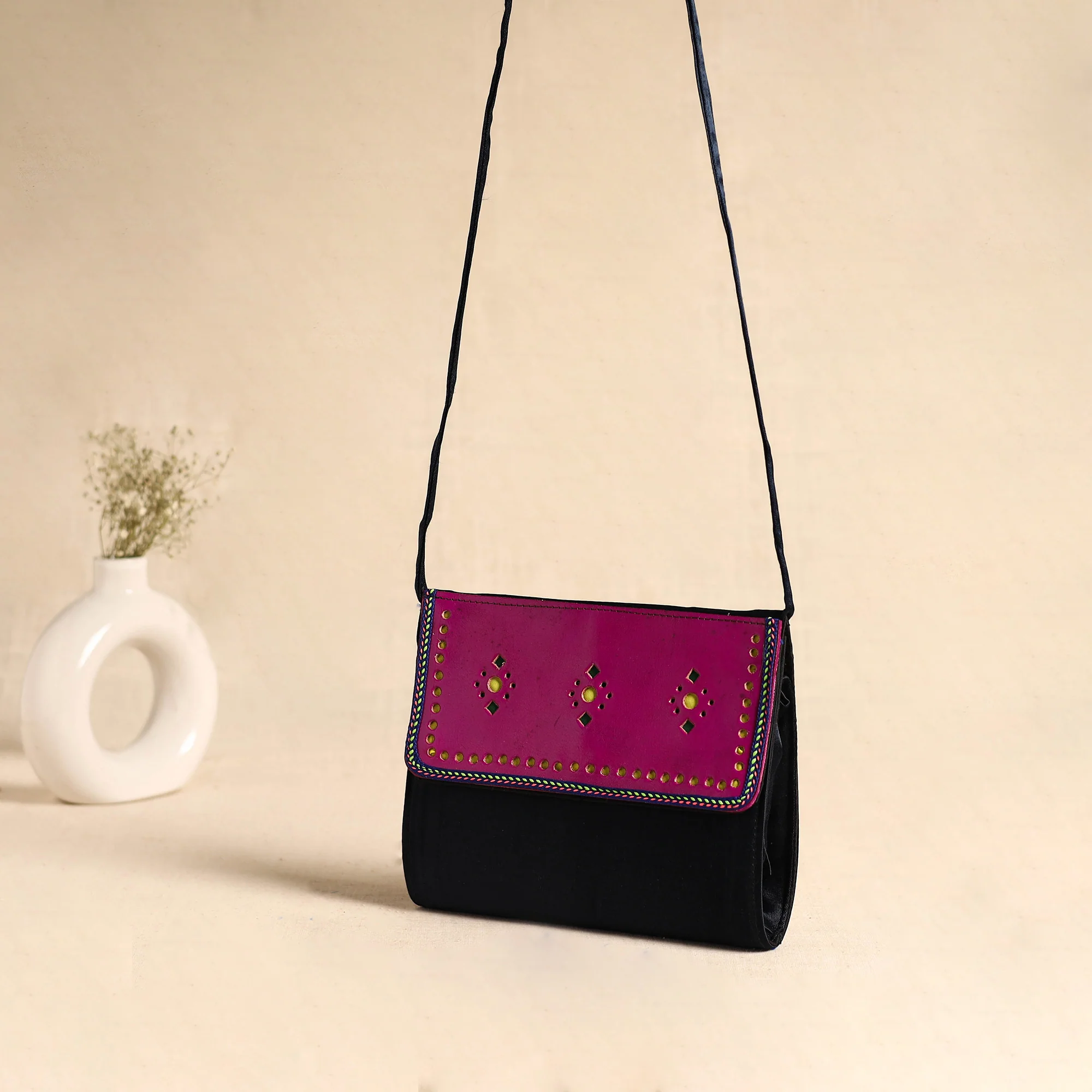 Traditional Kutch Mashru Silk Leather Flap Sling Bag 14 - Image 2