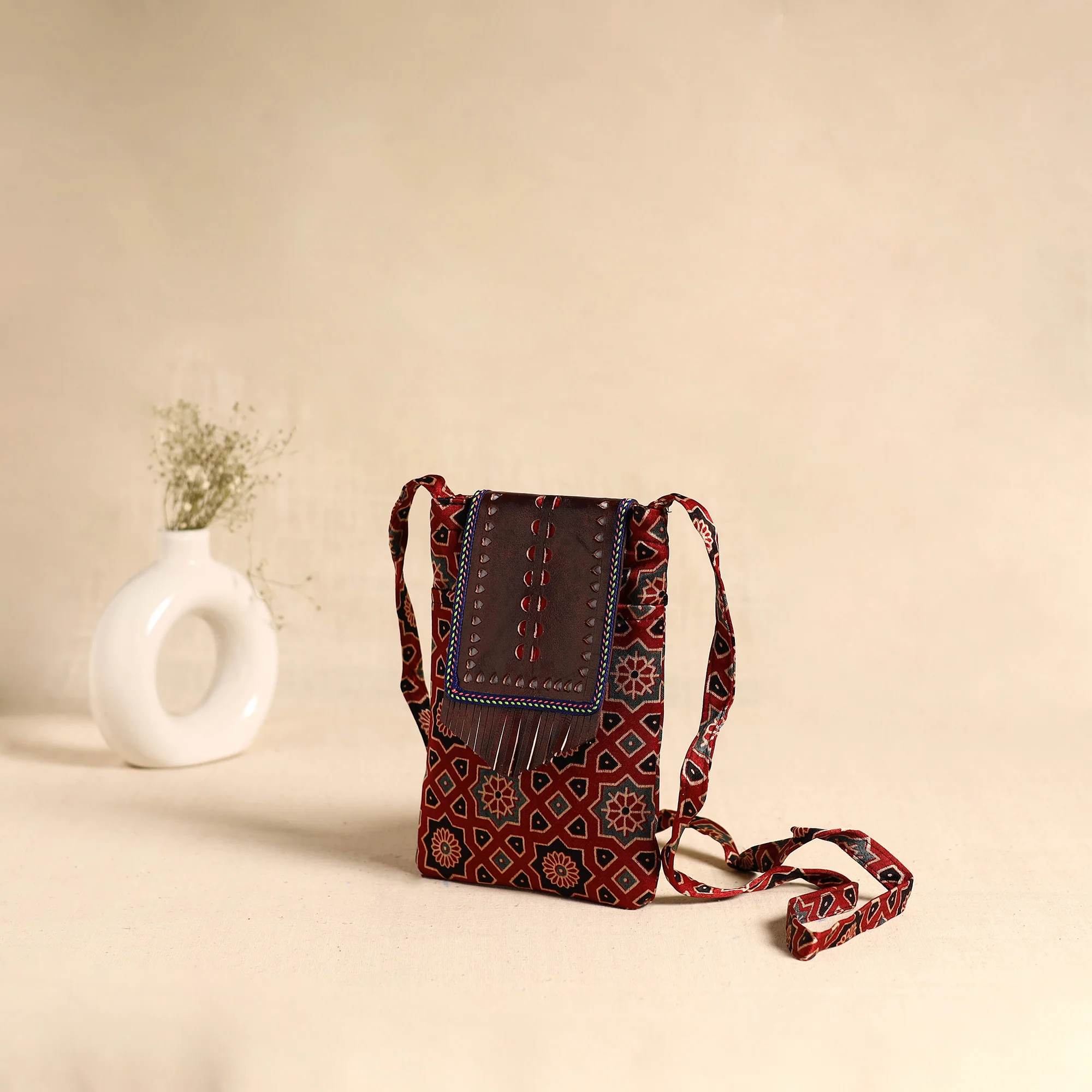 Traditional Kutch Mashru Silk Leather Flap Sling Bag 61 - Image 2