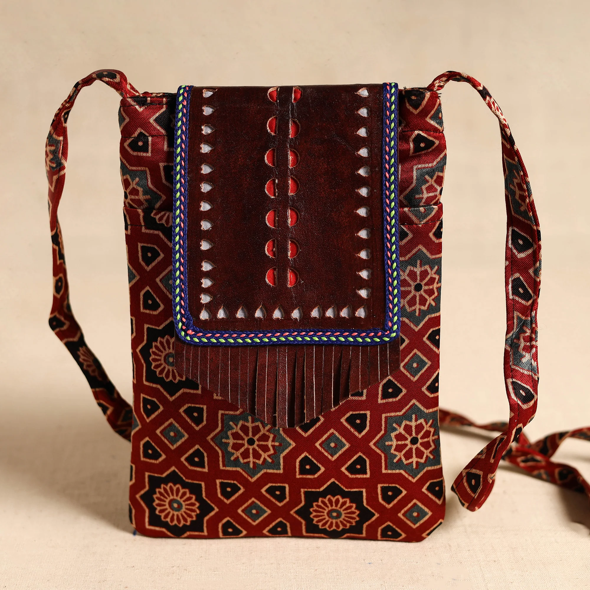Traditional Kutch Mashru Silk Leather Flap Sling Bag 61 - Image 3