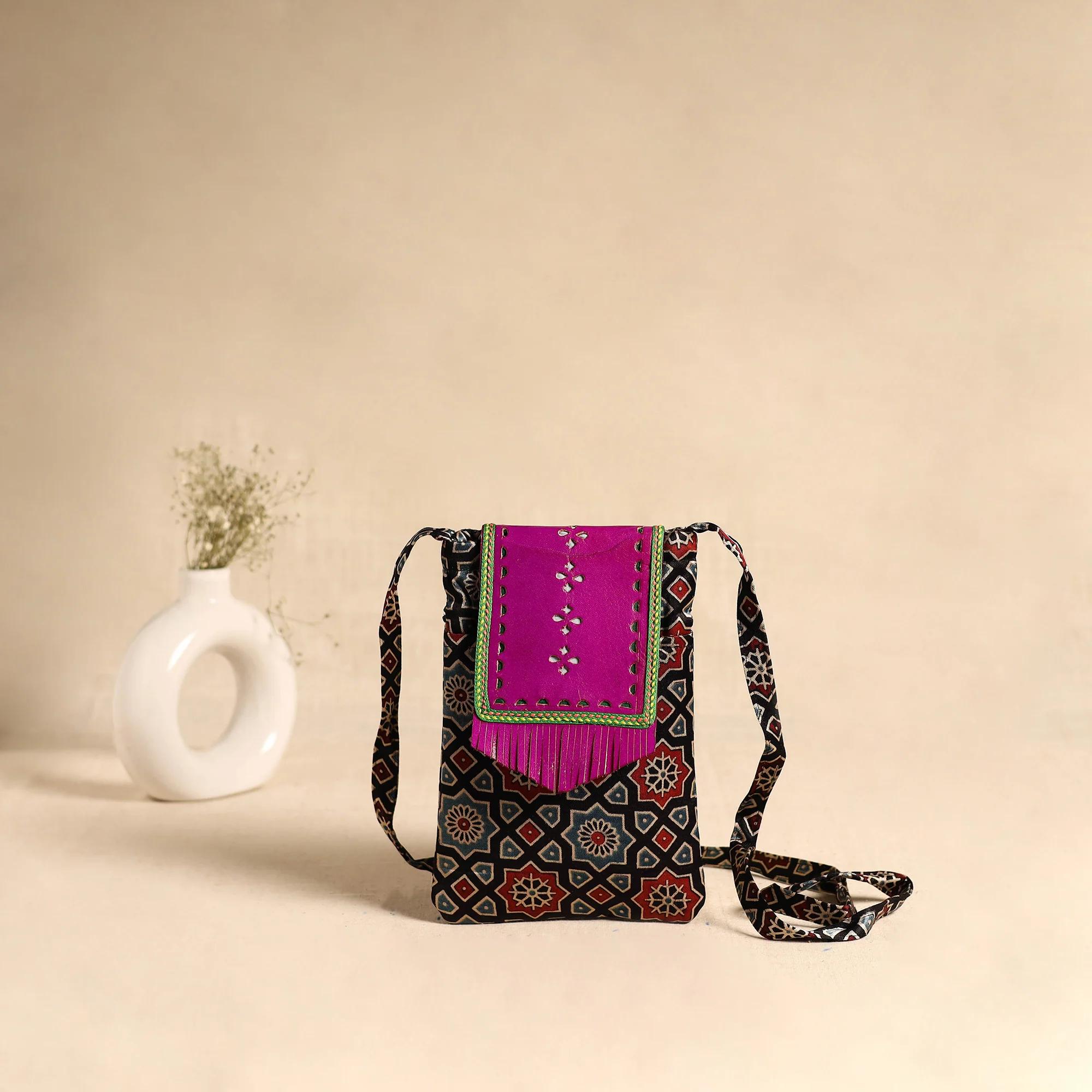 Traditional Kutch Mashru Silk Leather Flap Sling Bag 64