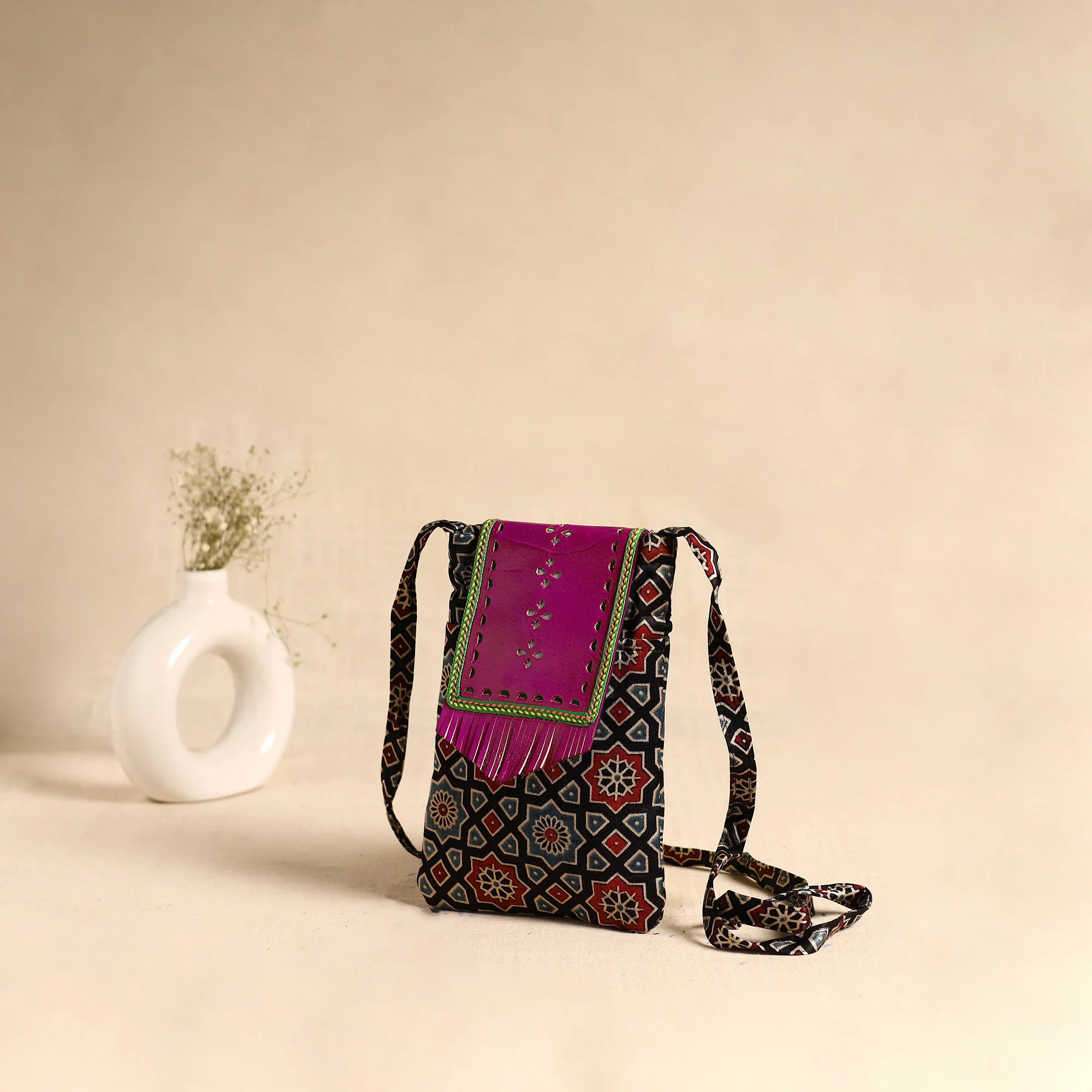 Traditional Kutch Mashru Silk Leather Flap Sling Bag 64 - Image 2