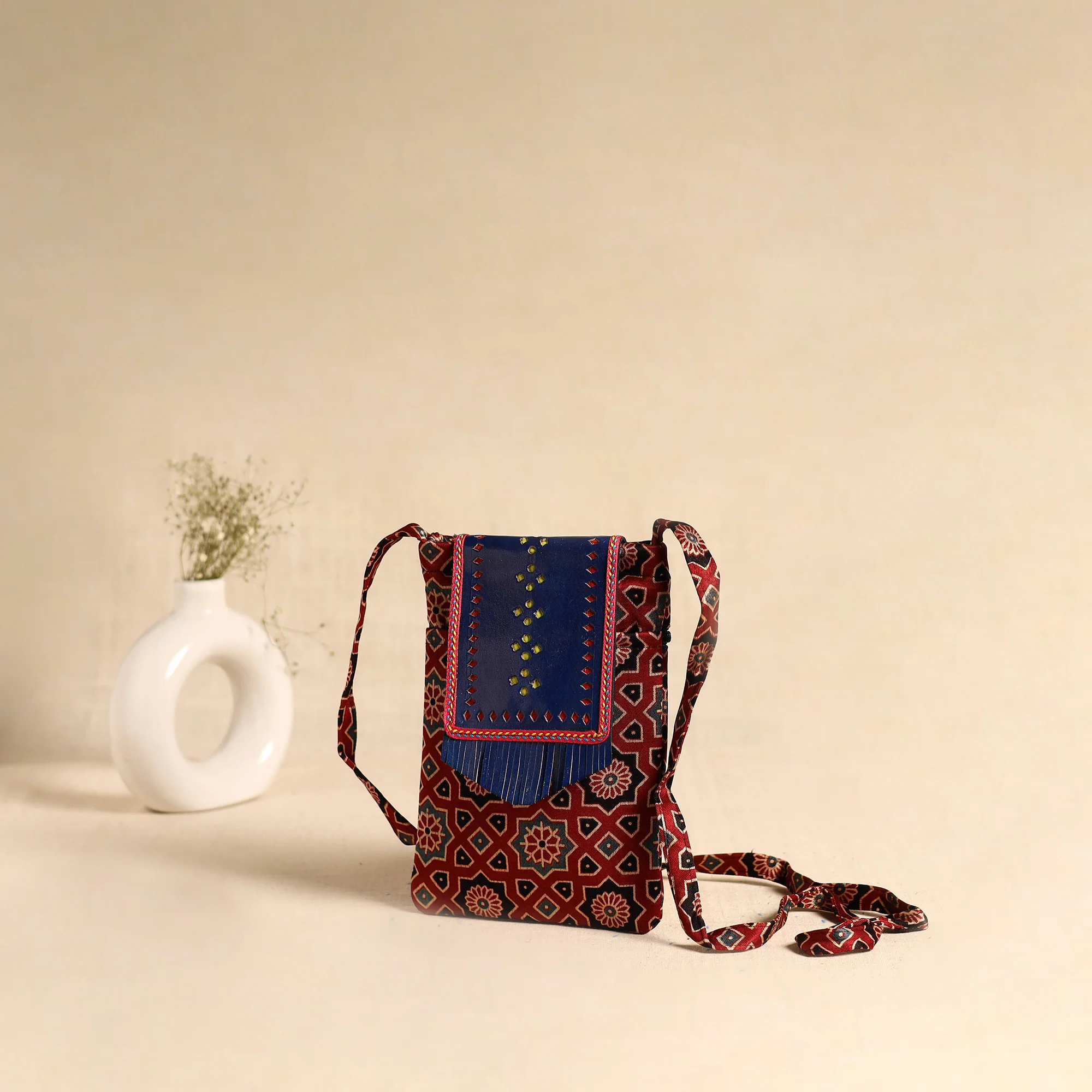 Traditional Kutch Mashru Silk Leather Flap Sling Bag 70 - Image 2