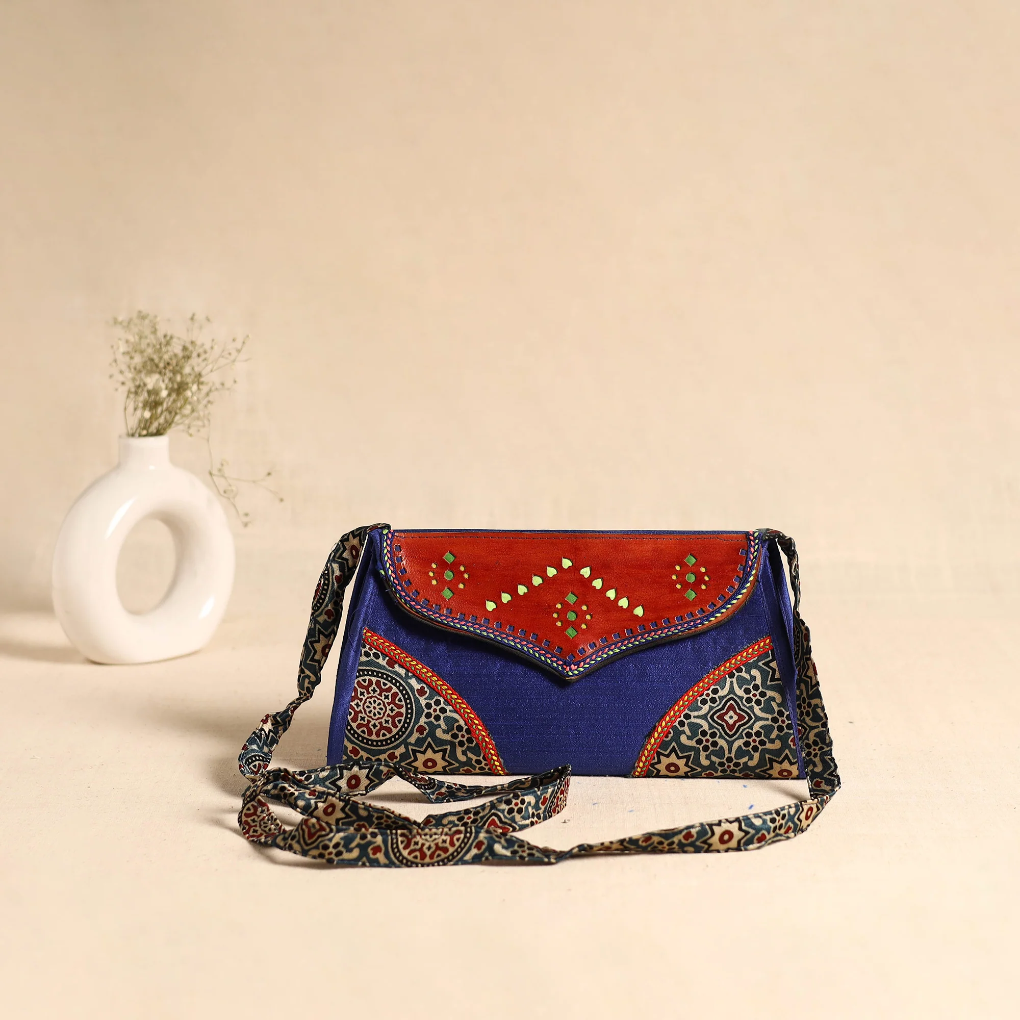 Blue - Traditional Kutch Patchwork Silk Leather Flap Sling Bag 27