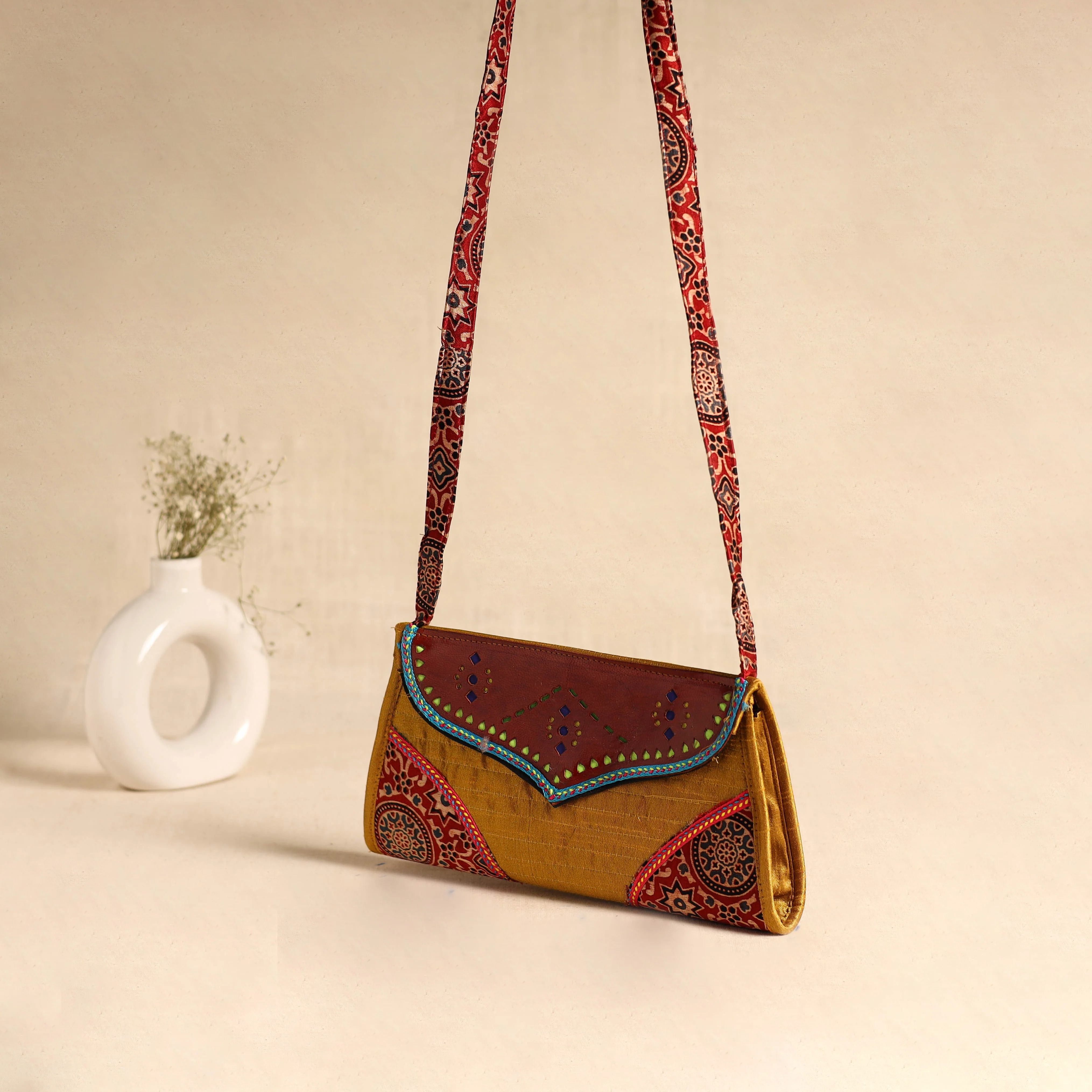 Traditional Kutch Patchwork Silk Leather Flap Sling Bag 30 - Image 2