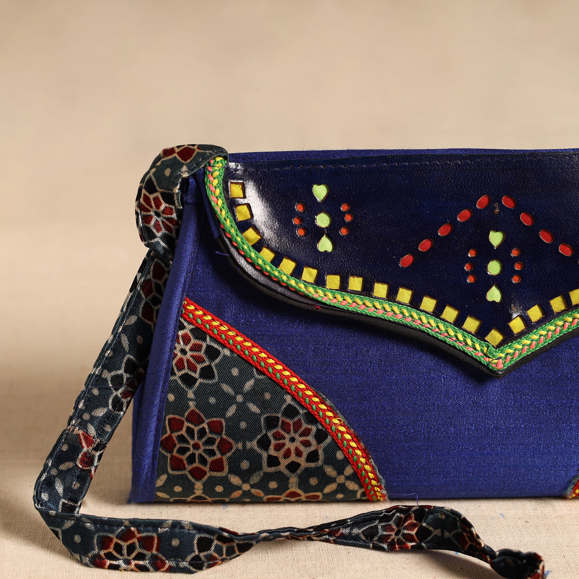 Traditional Kutch Patchwork Silk Leather Flap Sling Bag 32 - Image 3