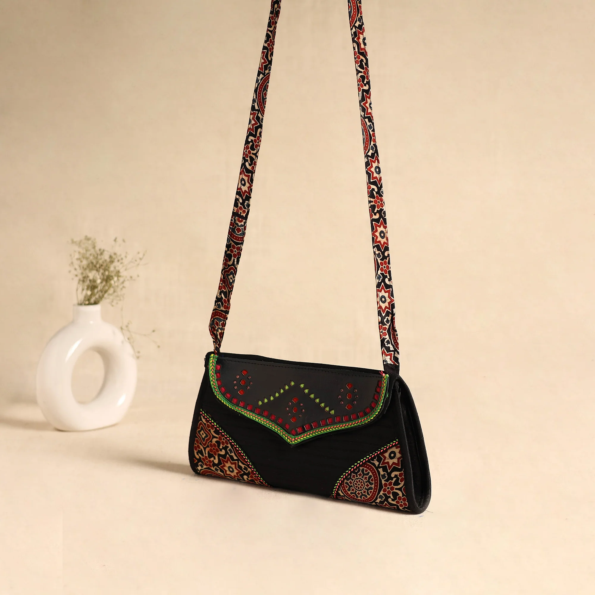 Traditional Kutch Patchwork Silk Leather Flap Sling Bag 34 - Image 2