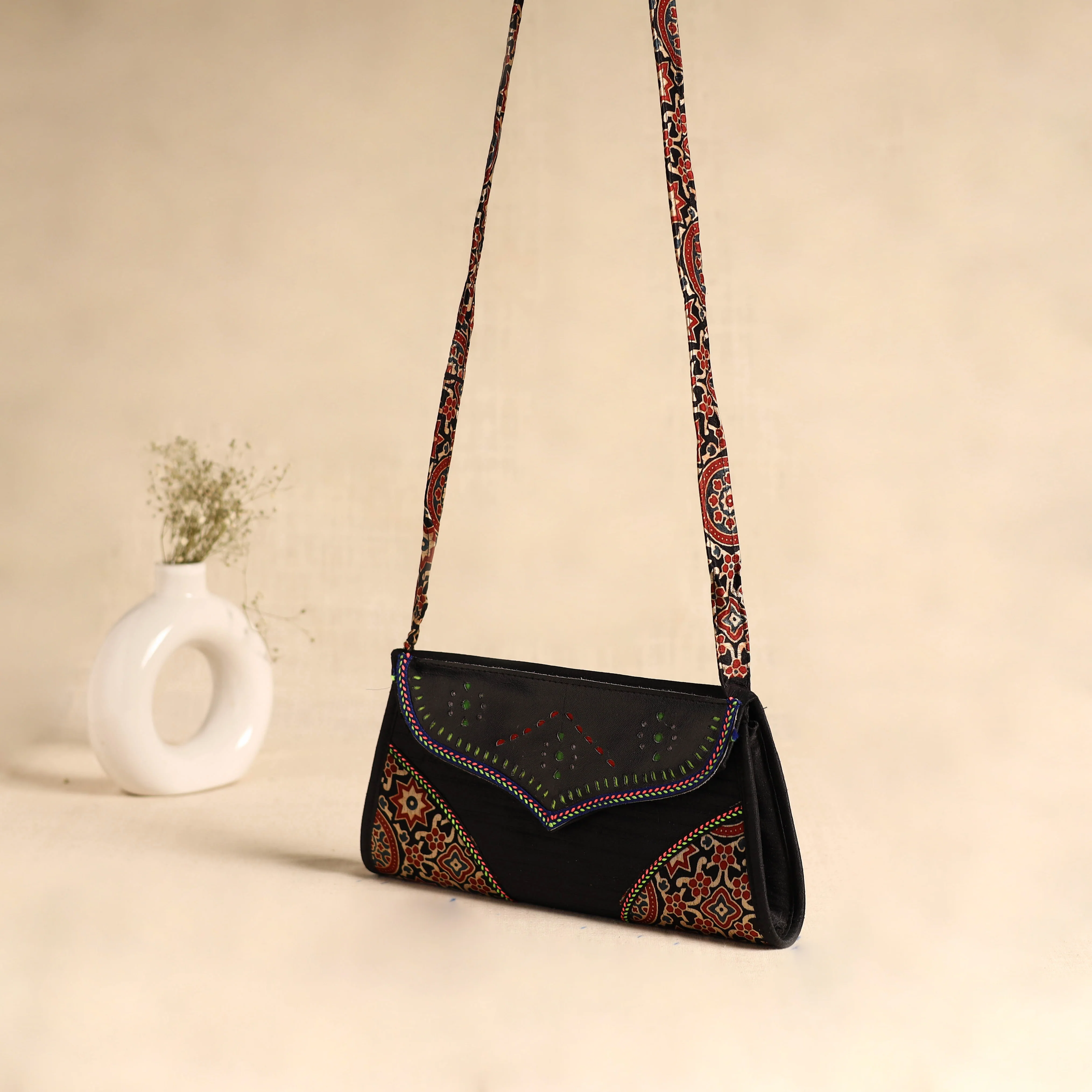 Traditional Kutch Patchwork Silk Leather Flap Sling Bag 37 - Image 2