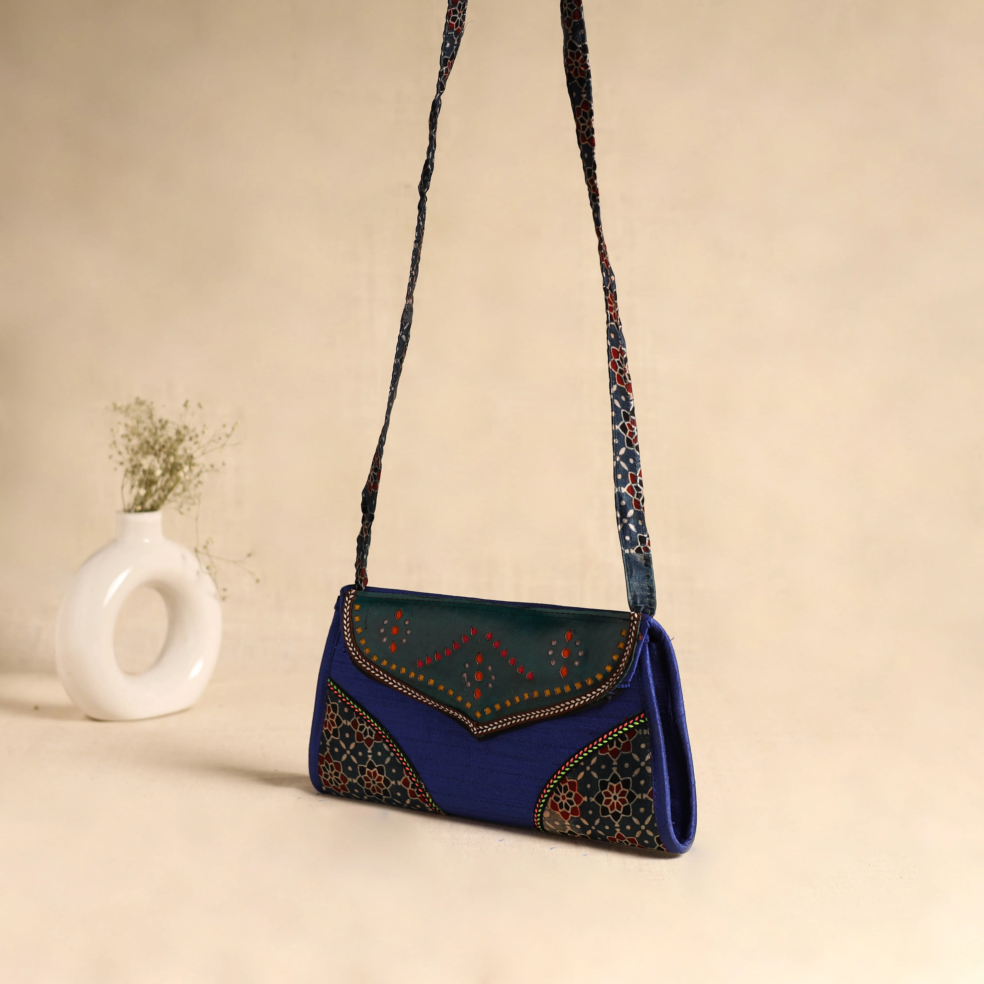 Traditional Kutch Patchwork Silk Leather Flap Sling Bag 38 - Image 2